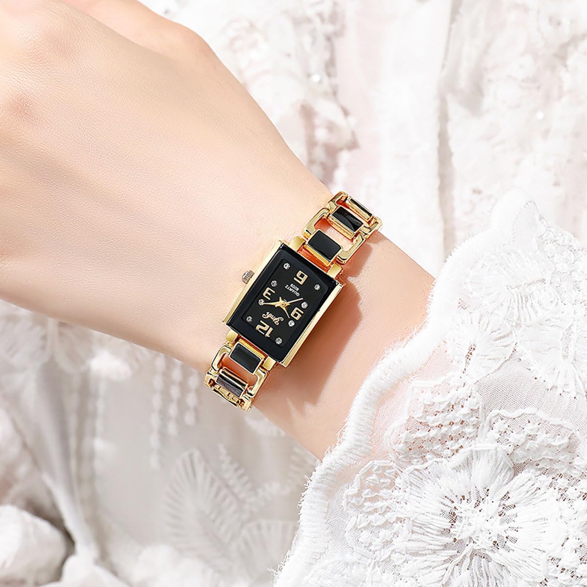dayutech 4 Pack Women's Rectangular Watches Vintage Dress Analog Quartz Ladies Ceramic Bangle Bracelet White Rose Gold S