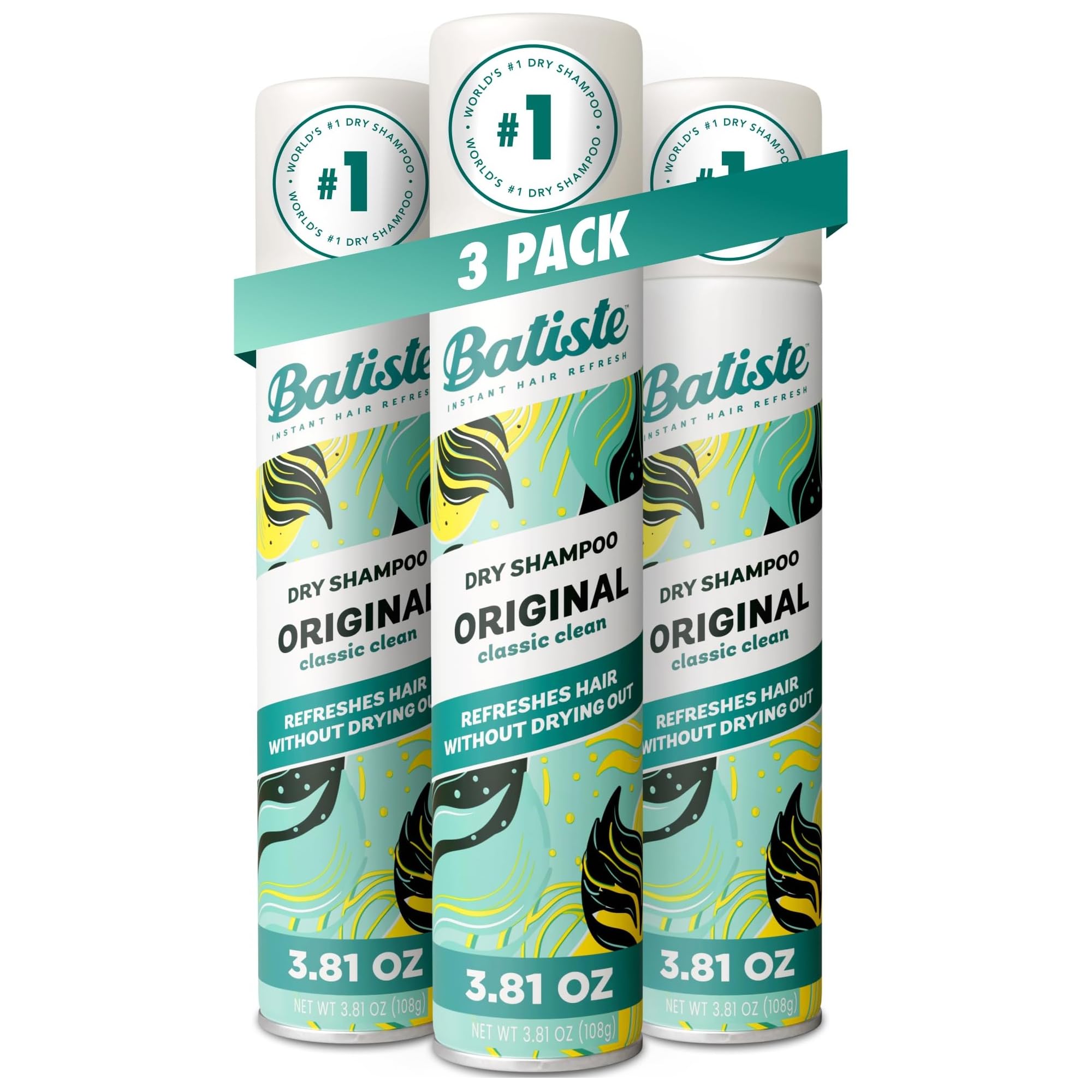 Batiste Dry Shampoo in original scent, 3.81oz bottles, pack of 3, waterless hair refresh and volumizing spray.