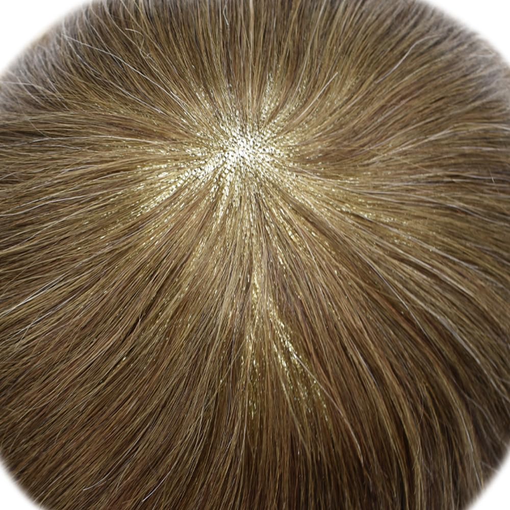 Curve Hair Mens Toupee Human Hair Piece Replacement System Monofilament Wig Hair Unit for Men Durable Poly Coated Mens Hairpiece (#520 Light-Med Brown+20% Gray, 6"X8")