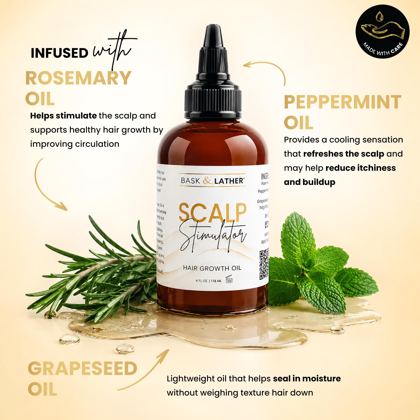 Bask & Lather scalp stimulator hair growth oil bottle, 4 fl oz, for promoting hair regrowth and scalp health.