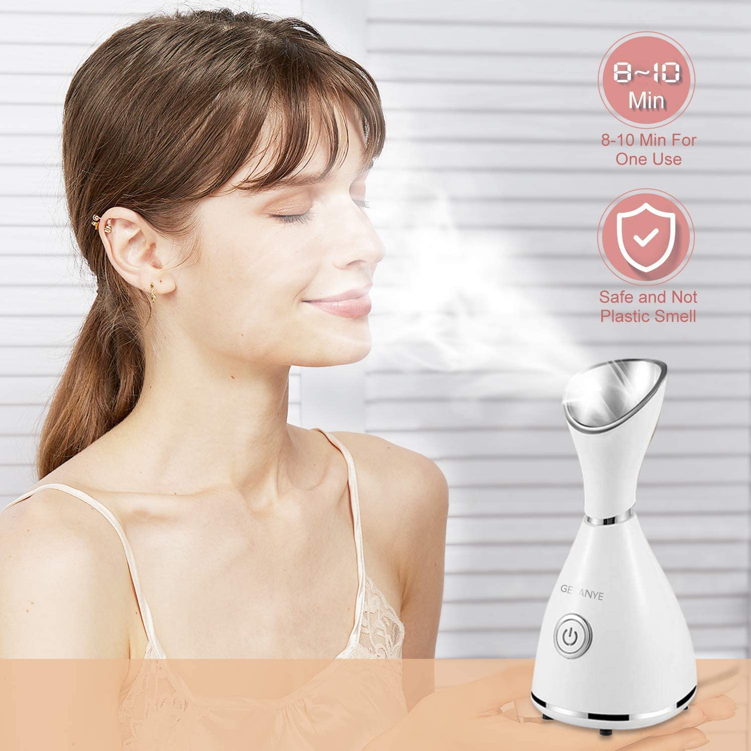 Surwit GETANYE Nano Ionic Face Steamer showing facial steam mist, blackhead remover kit, face brush, and hair band for skincare.