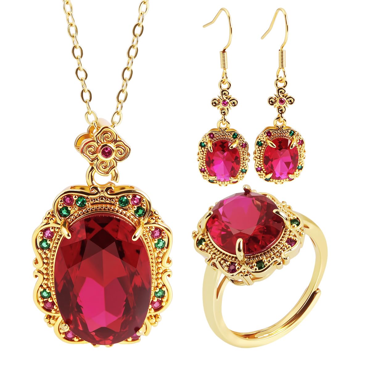 Guptue Vintage Gold Plated Copper Jewelry Set for Women, Lapis Lazuli Created ruby Sapphire Necklace Earrings Ring Set –