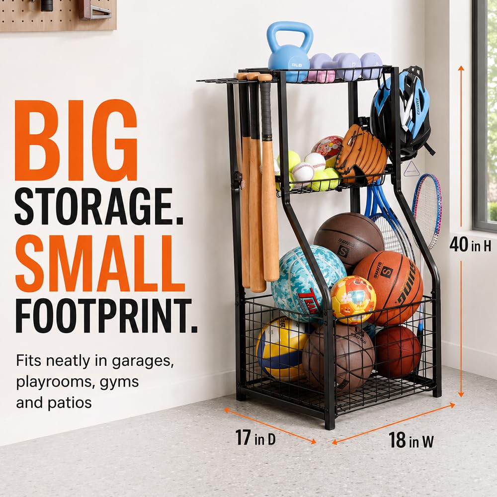 YueTong Garage Sports Organizer with Ball Rack, Bat Holder and 4 Hooks – packaging and label