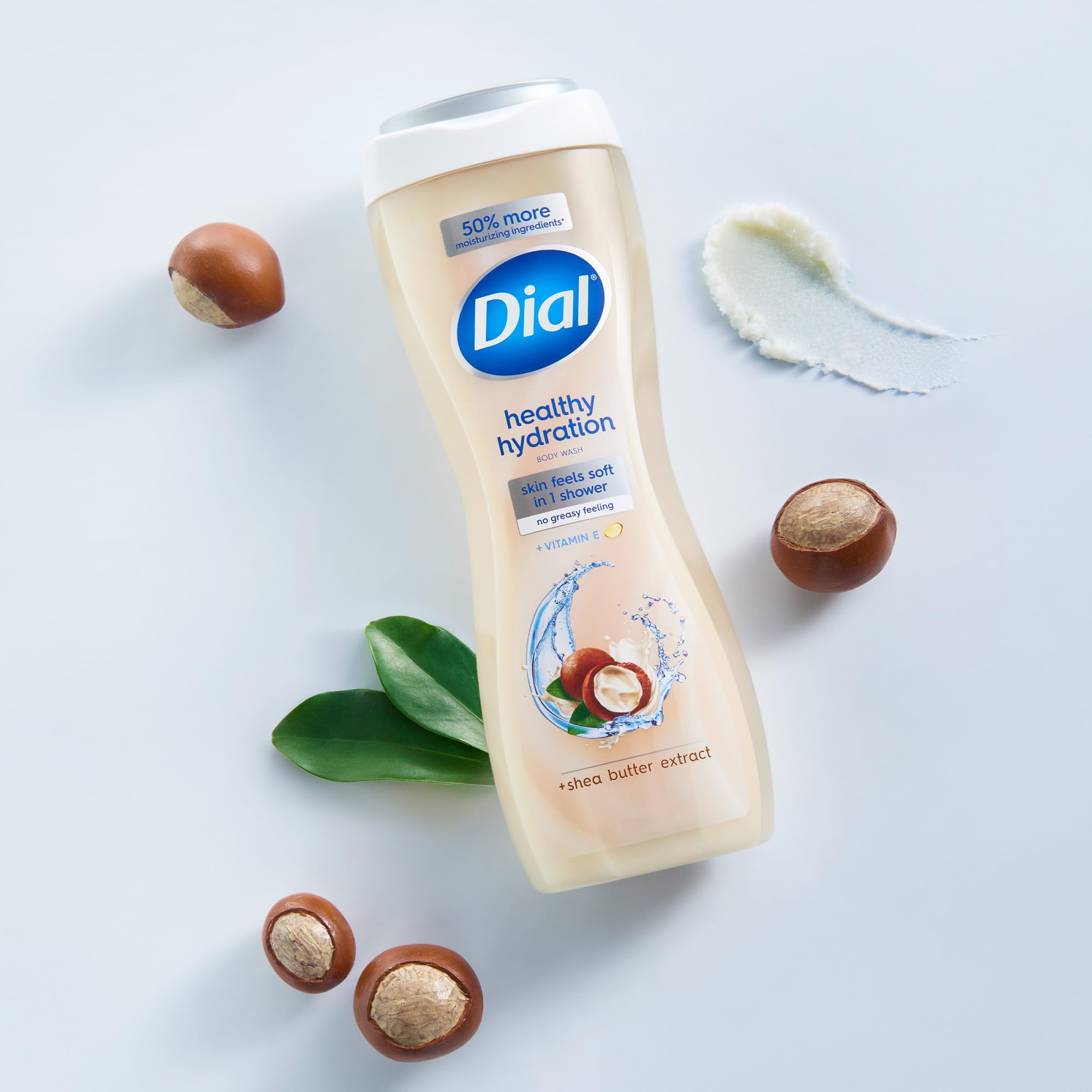 Dial Healthy Hydration Shea Butter body wash 4-pack, moisturizing skin cleaning agent with nourishing formula.