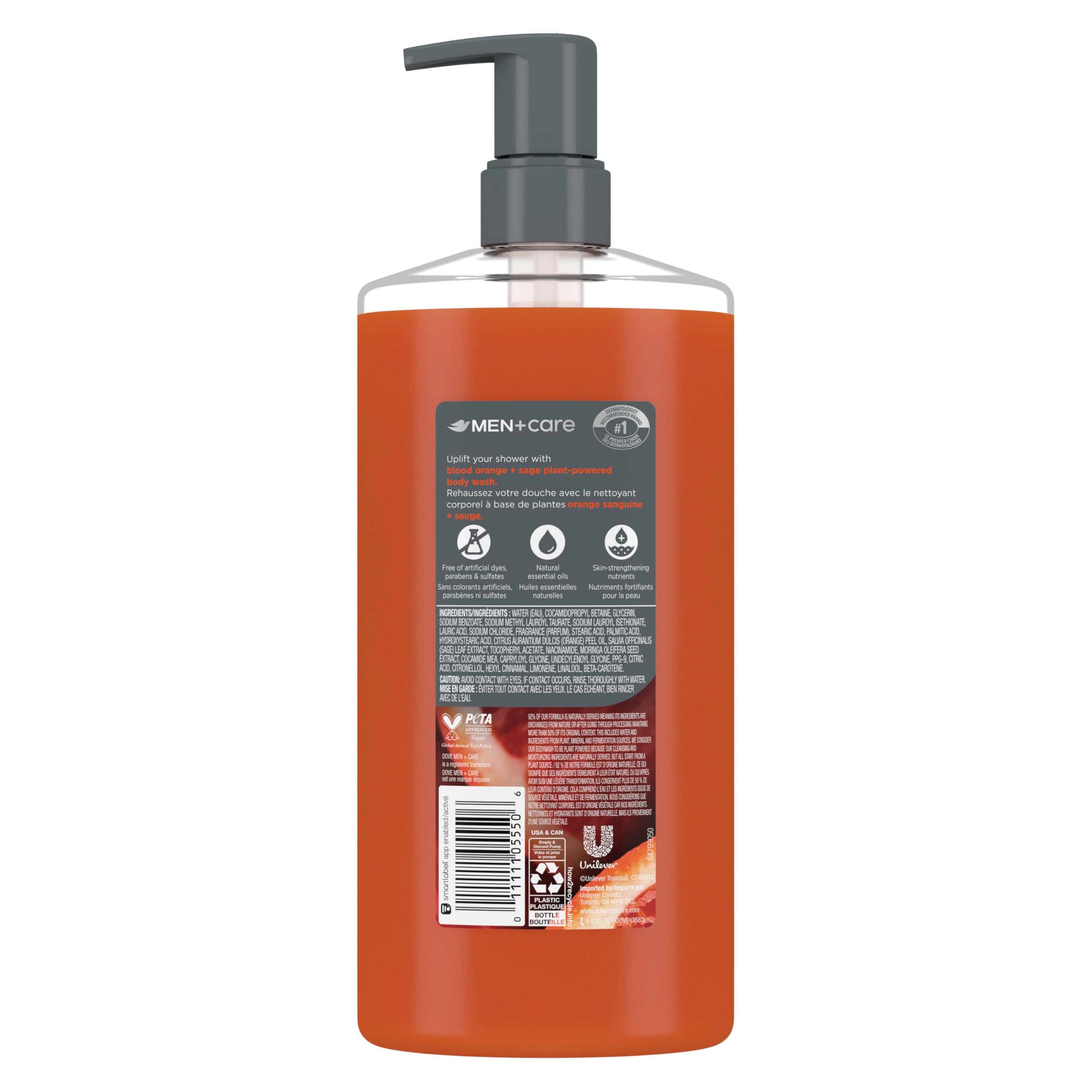 Dove Men + Care moisturizing body wash in blood orange and sage scent, 26 oz, for skin cleansing and hydration.