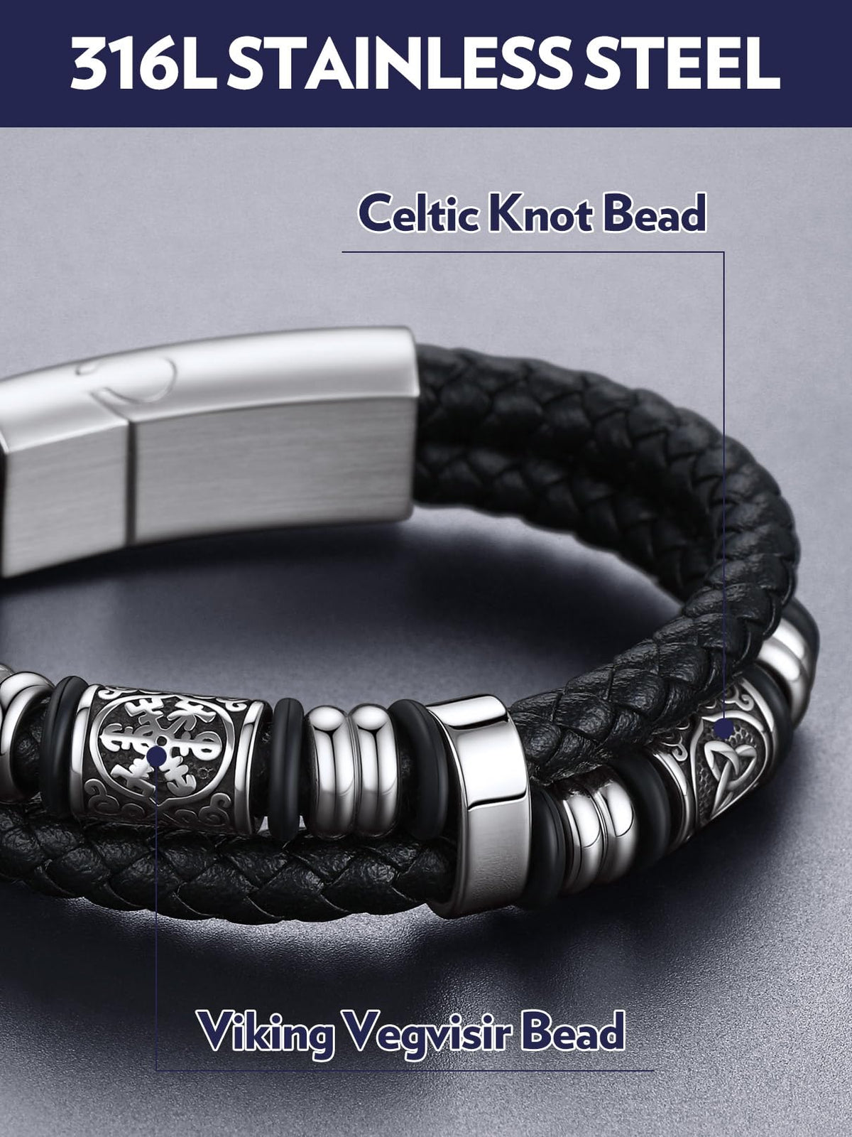 Bandmax Men's Black Double Wax Rope Bracelet Waterproof Stainless Steel Norse Style Celtic Knot Beads Wristband 7-9 Inch