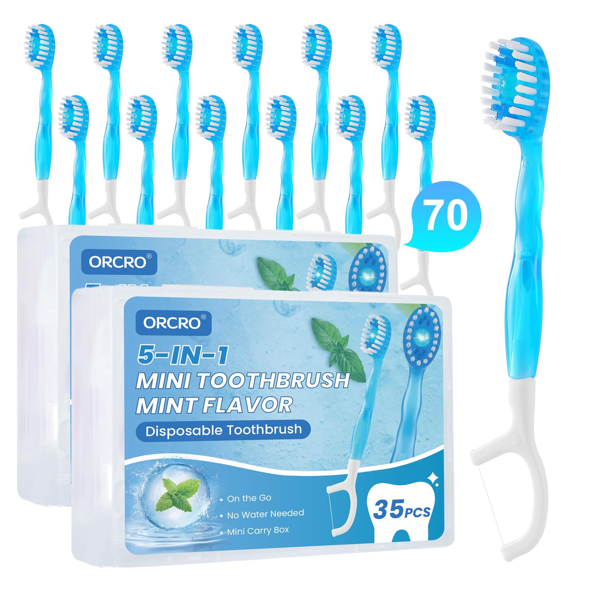 70Ct Mini Disposable Toothbrushes with Toothpaste Floss Pick - ORCRO Official Imagery - 1