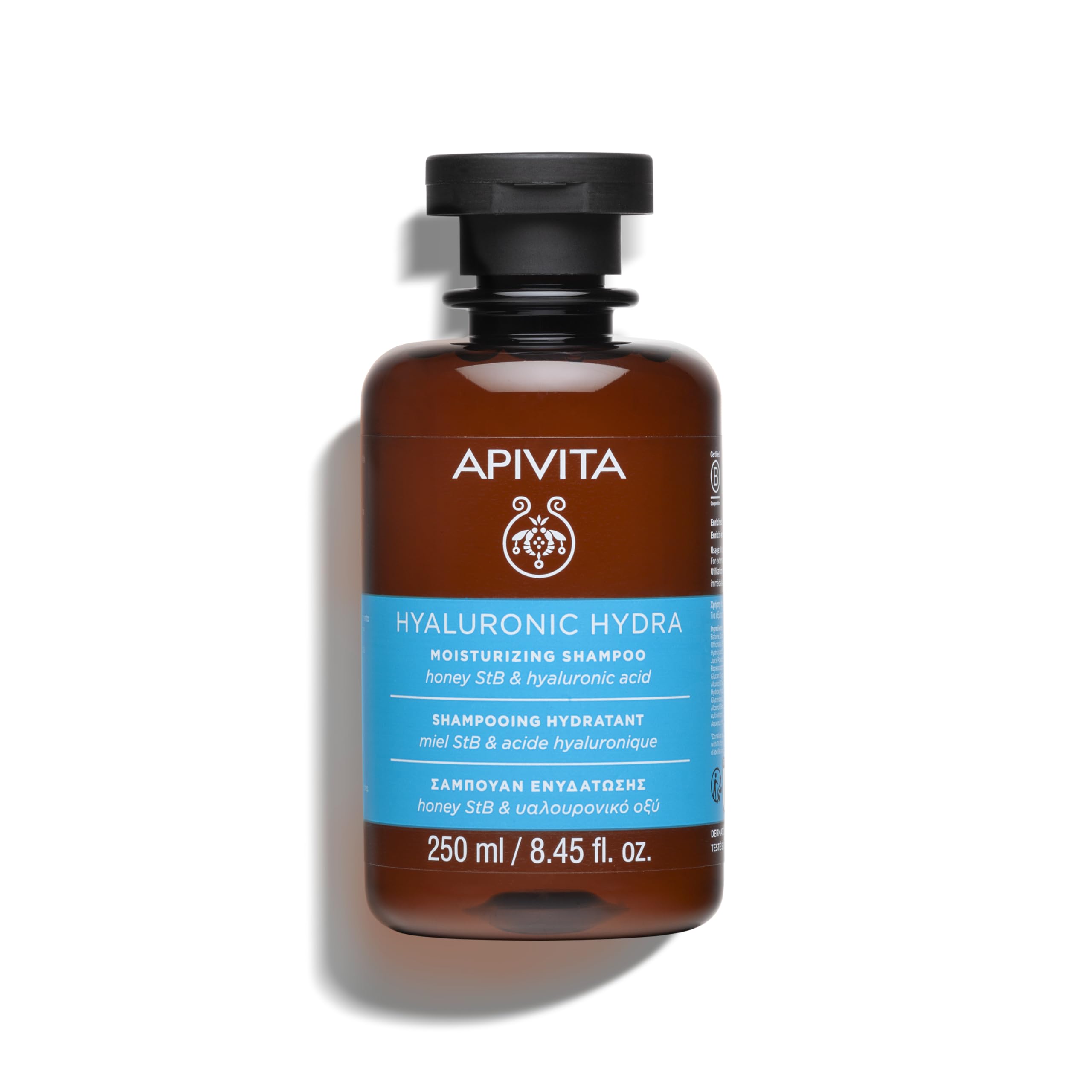 Apivita Hyaluronic Hydra Shampoo with honey and hyaluronic acid, showing the shampoo bottle with natural ingredients.