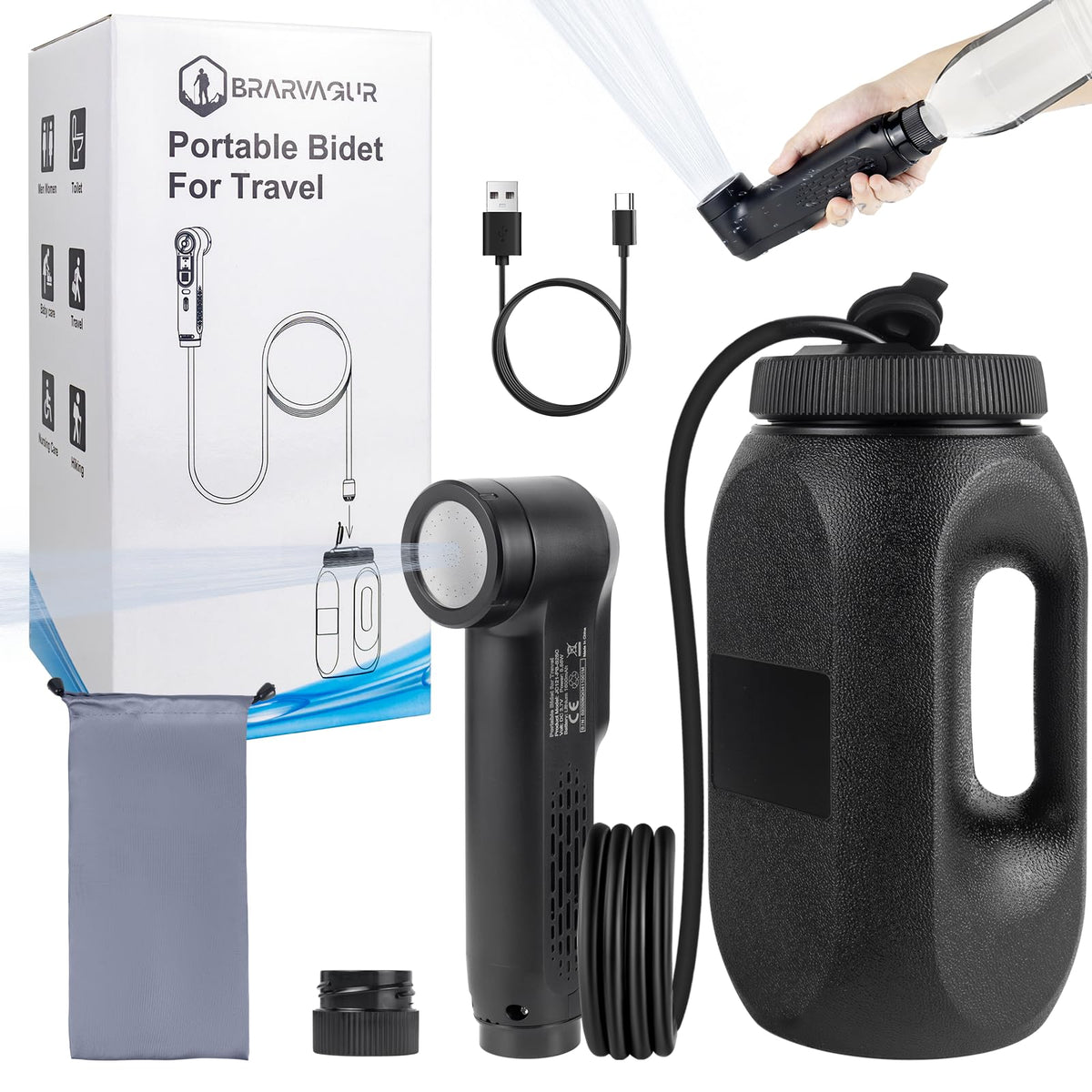 Brarvagur Portable Bidet for Travel, 1600mAh Electric Handheld Bidet with 2.5L Tank – product photo (Bidets)
