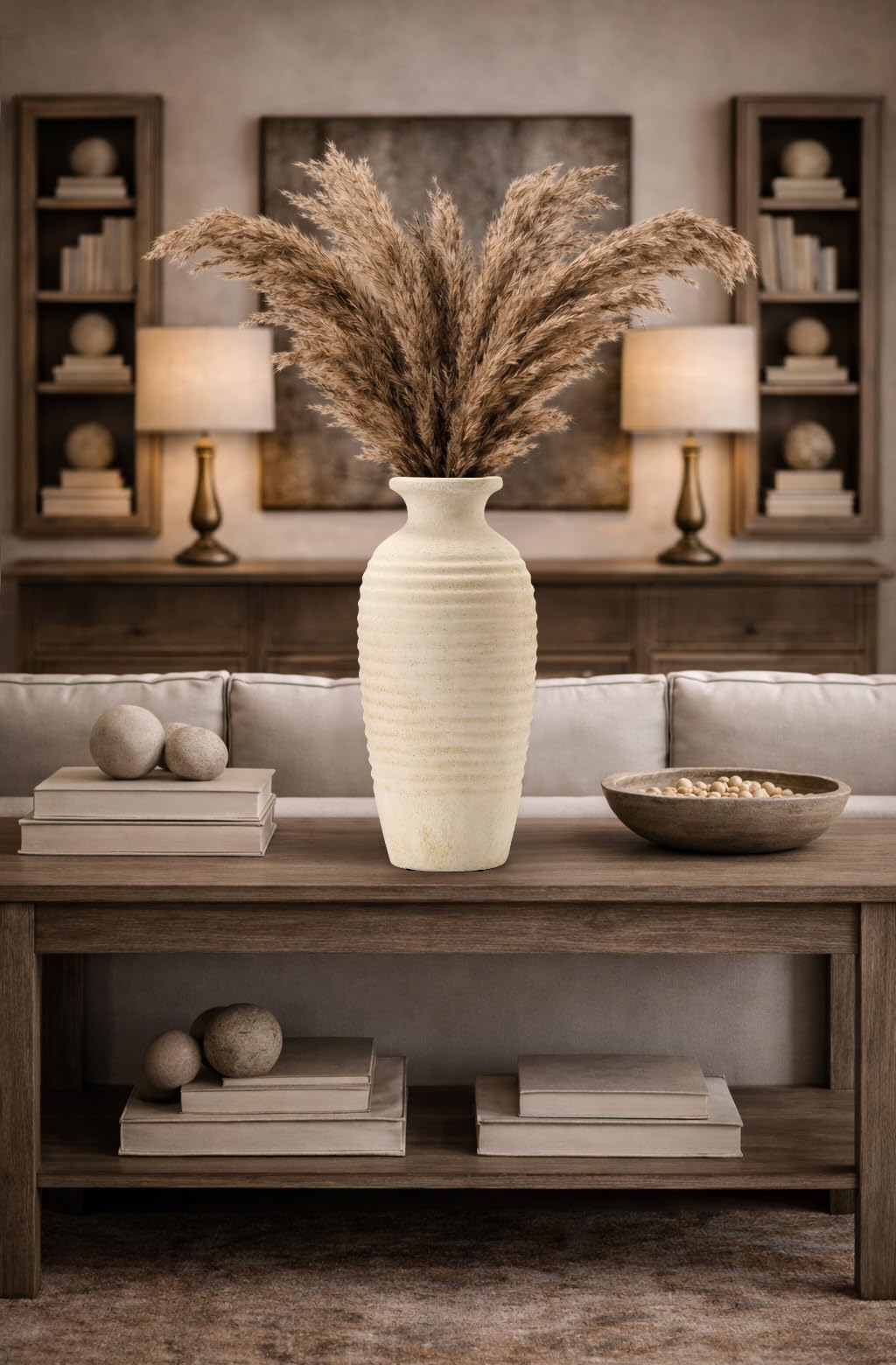 Vaseking Ceramic Natural Rustic Vase, 14.4 Inch Large Vintage Flower Threaded Decorative Farmhouse Tall Vase for Home De