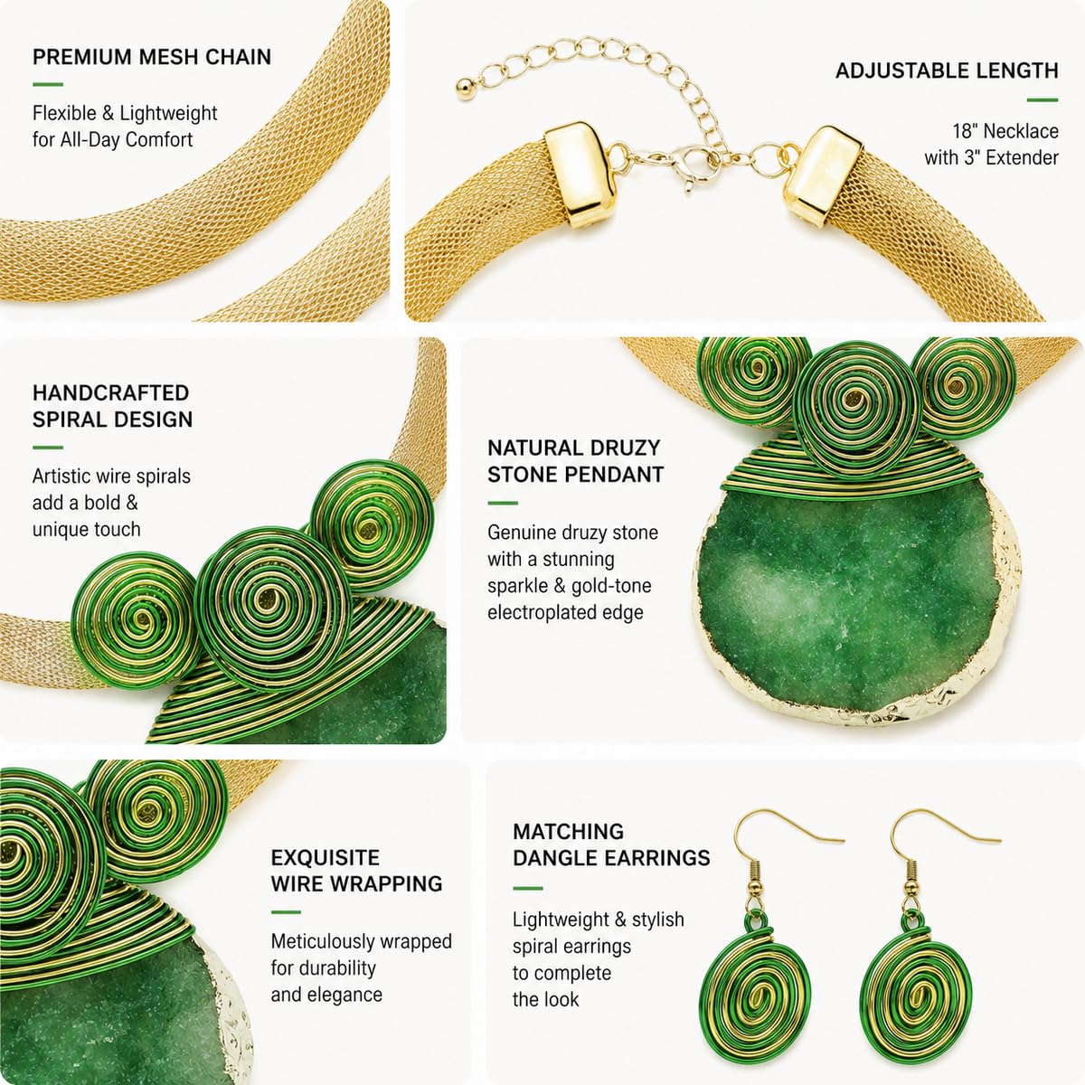CETVLY Statement Necklace Set for Women, Wire Wrapped Stone Necklace with Crystal-Inspired Pendant, Chunky Boho Mesh Col