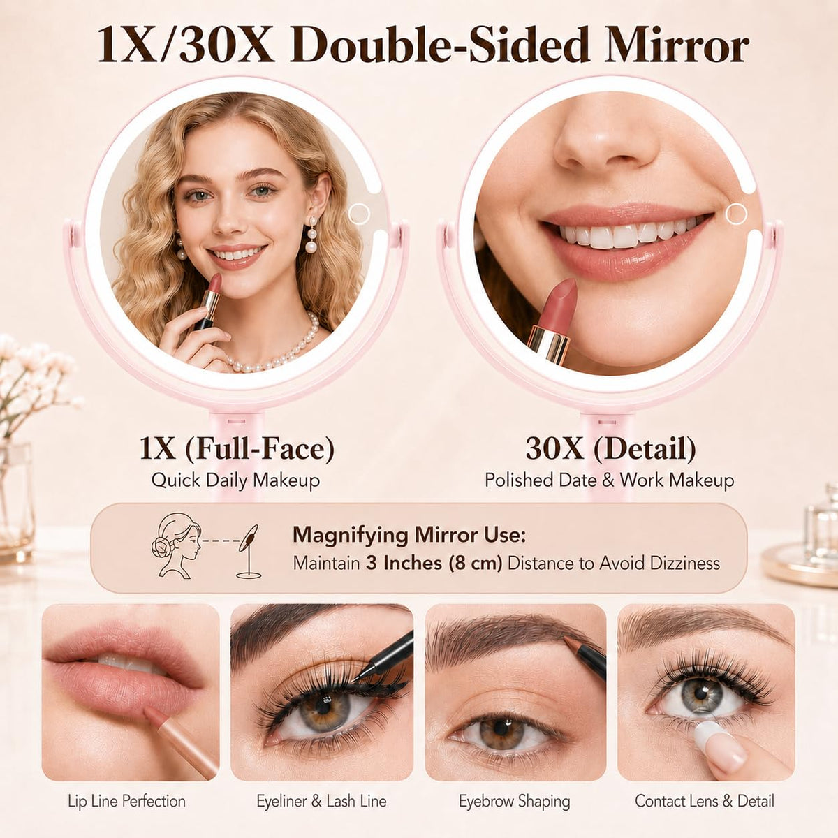 MOMOKUBA Makeup Mirror with Lights, 30X Magnifying Mirrors, Height Adjustable, Vanity Mirror with Lights Rechargeable 3 