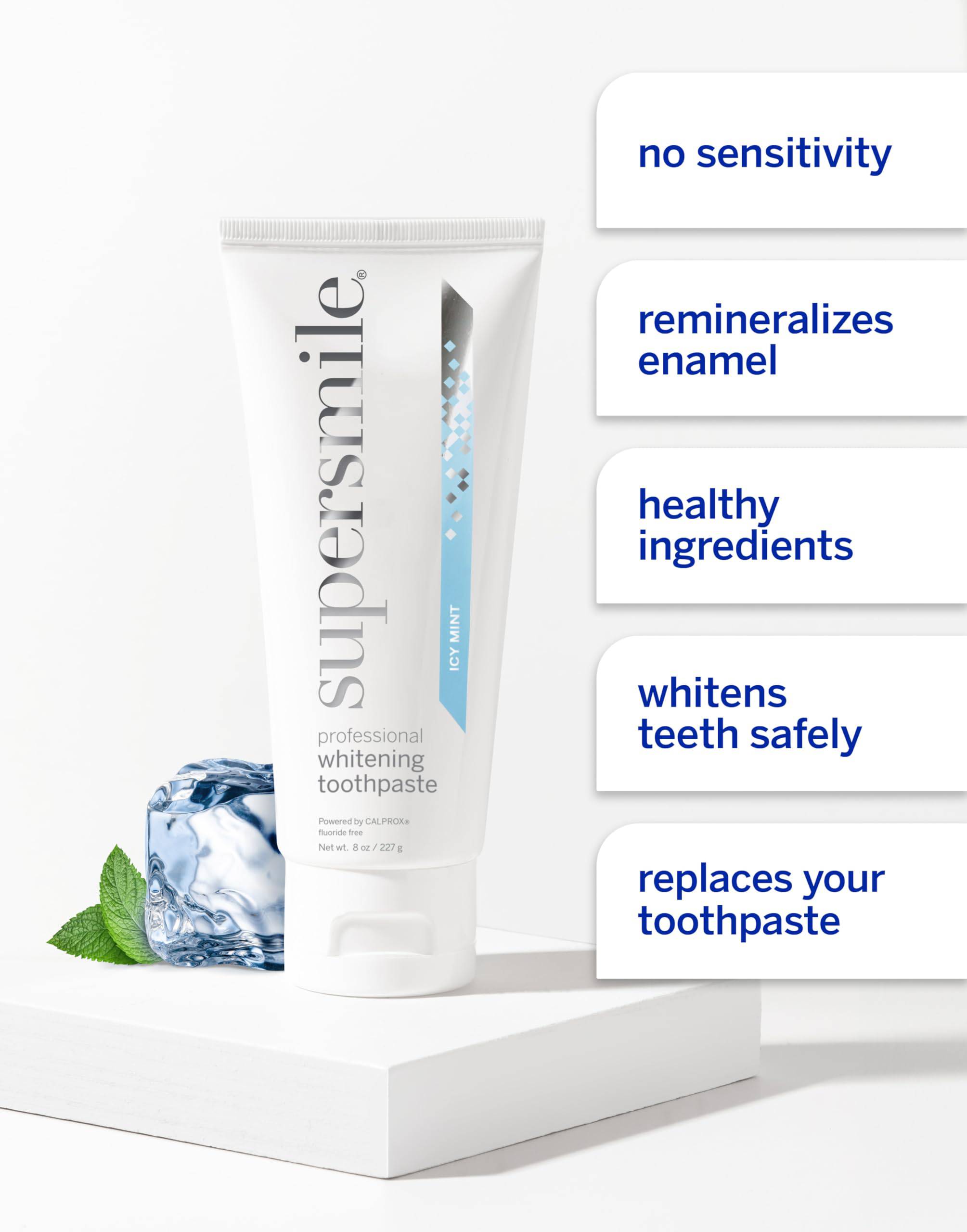Supersmile ICY Mint whitening toothpaste in 8 oz tube, fluoride-free tooth cleaning agent with fresh mint flavor.