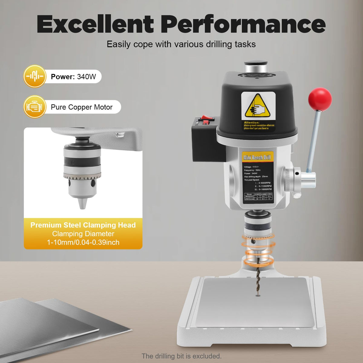 ZAWAYINE Mini Benchtop Drill Press,Electric Bench Wood Drilling Machine Drill Press Table Adjustable 3 Speed for Wood, M