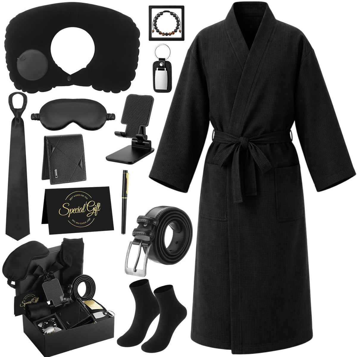 Bunnycool 13 Pcs Birthday Gift Basket for Men – Black, polyester fiber, PU leather, plastics, etc.