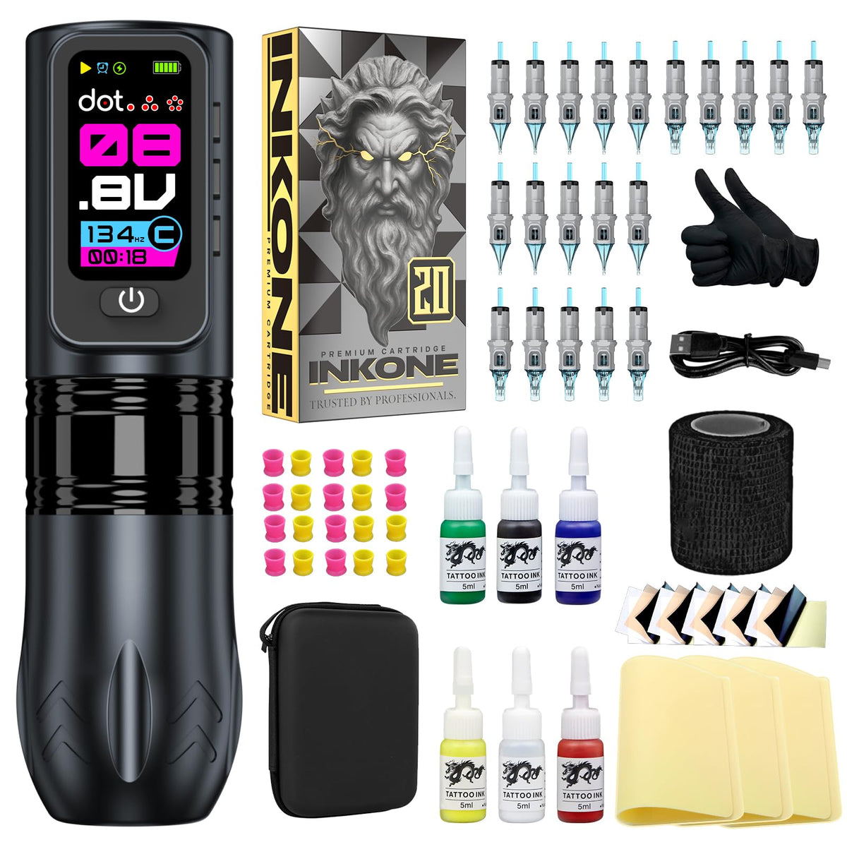 INKONE Wireless Tattoo Gun Kit, Tattoo Gun Kit for Beginners Tattoo Machine Kit with 2000mAh Power Supply, 20PCS Cartrid