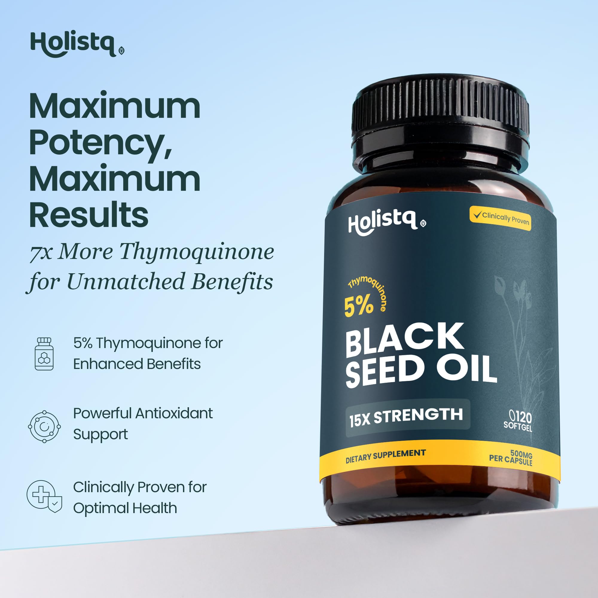 HOLISTQ Black Seed Oil Capsules, Organic Cold Pressed, 5% Thymoquinone
