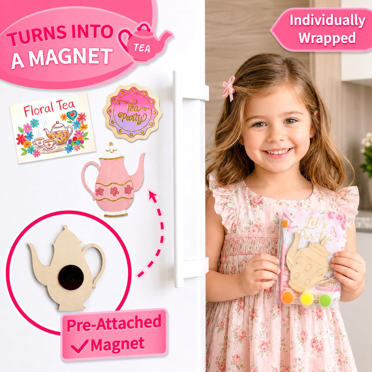 Moltby 12 Pack Tea Party Favors for Girls, Floral Themed DIY Wooden Painting Craft Kits, Individually Wrapped Goodie Bag