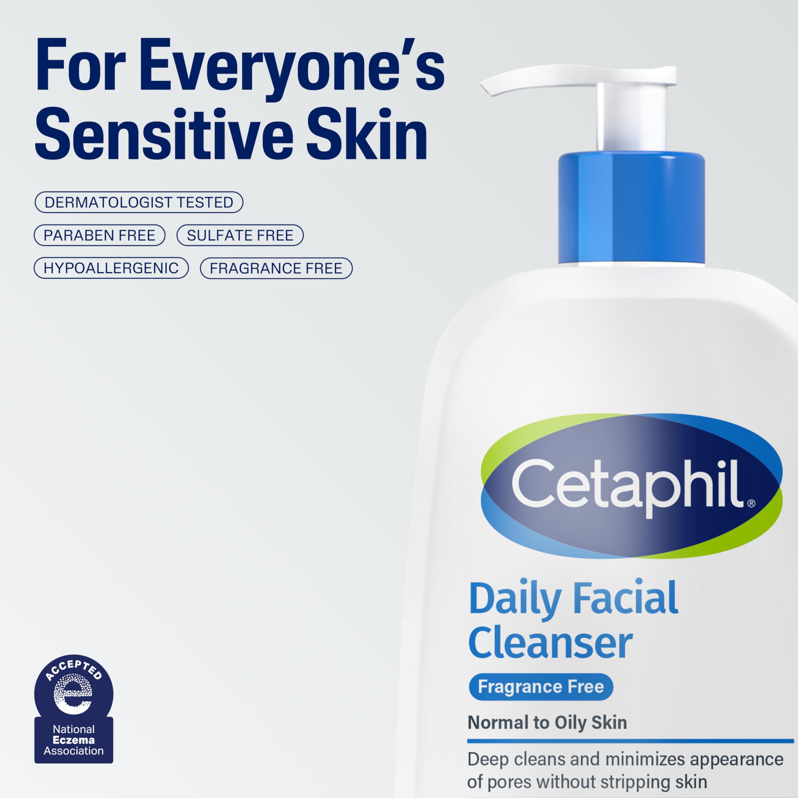 Cetaphil Daily Facial Cleanser for oily and combination skin in a 16oz bottle, gentle skin cleaning agent with a clear label.