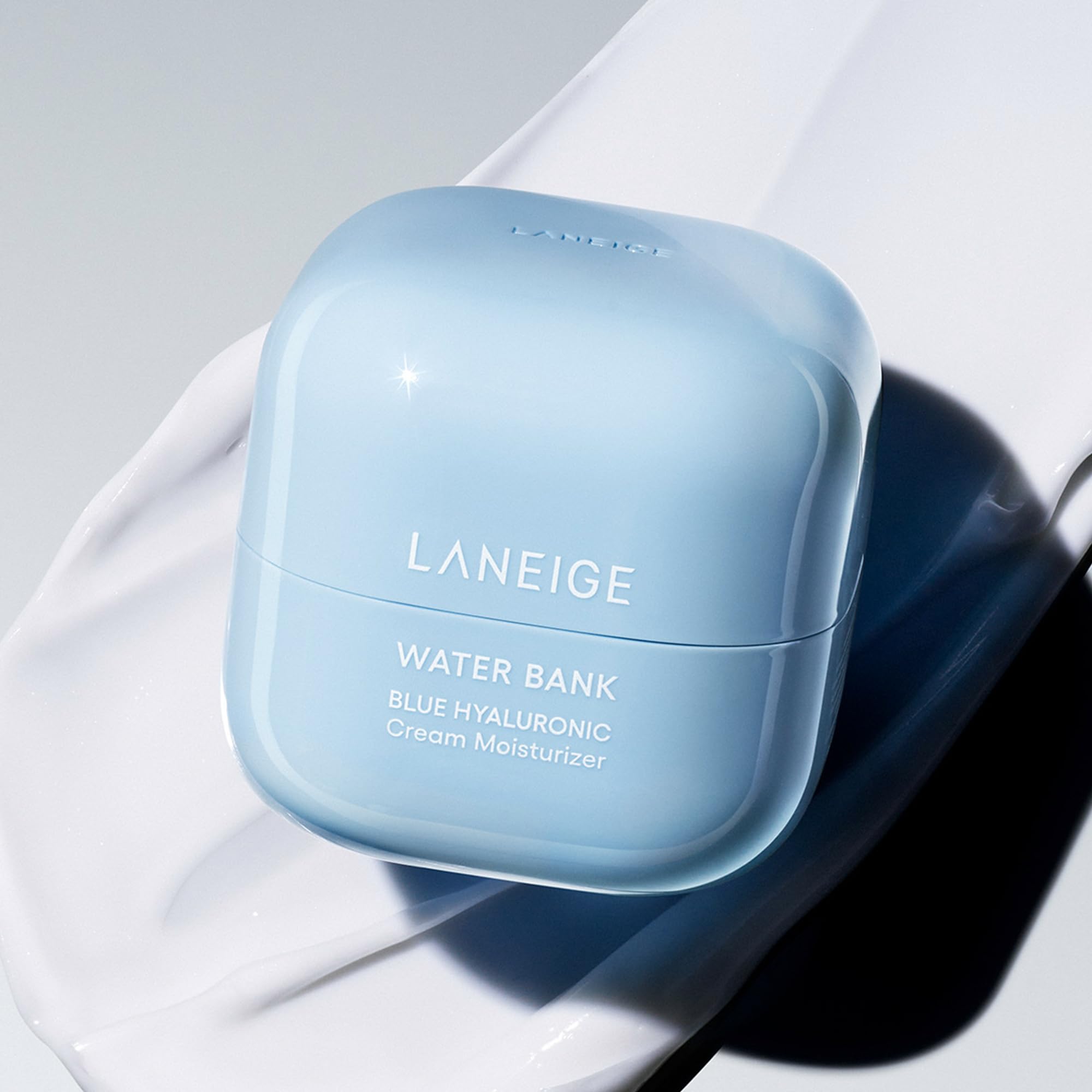 Laneige Water Bank Blue Hyaluronic Cream 50ml jar showing the moisturizing cream in a sleek blue container.