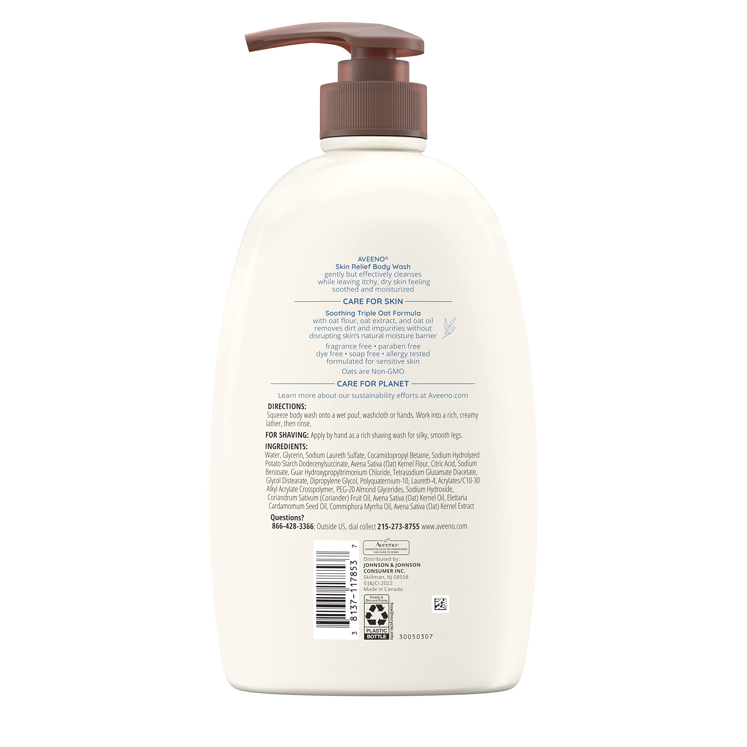 Aveeno Skin Relief Body Wash with Triple Oat Complex in a 33 fl oz bottle, gentle, fragrance-free for sensitive, itchy, and dry skin.