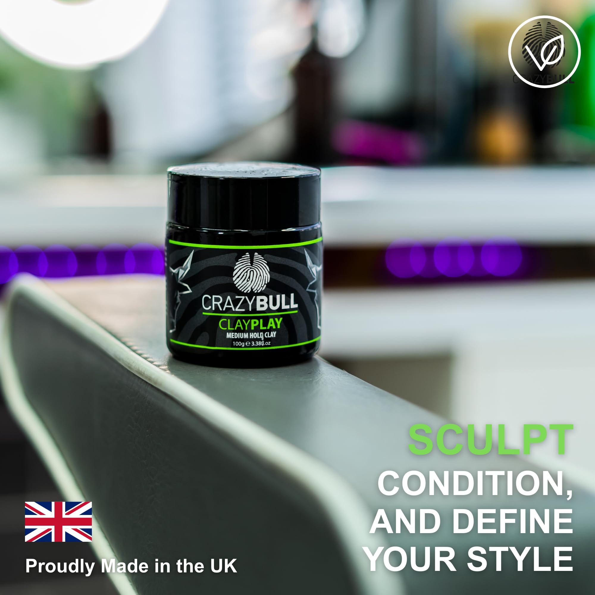 Crazy Bull Hair Play Medium Hold Clay with volcanic ash bentonite, long-lasting vegan-friendly hair styling product for men.