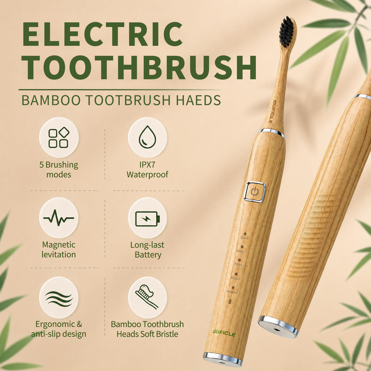 Sonic Electric Toothbrush with Bamboo Heads Charcoal Infused - GUFICLE Official Imagery - 4