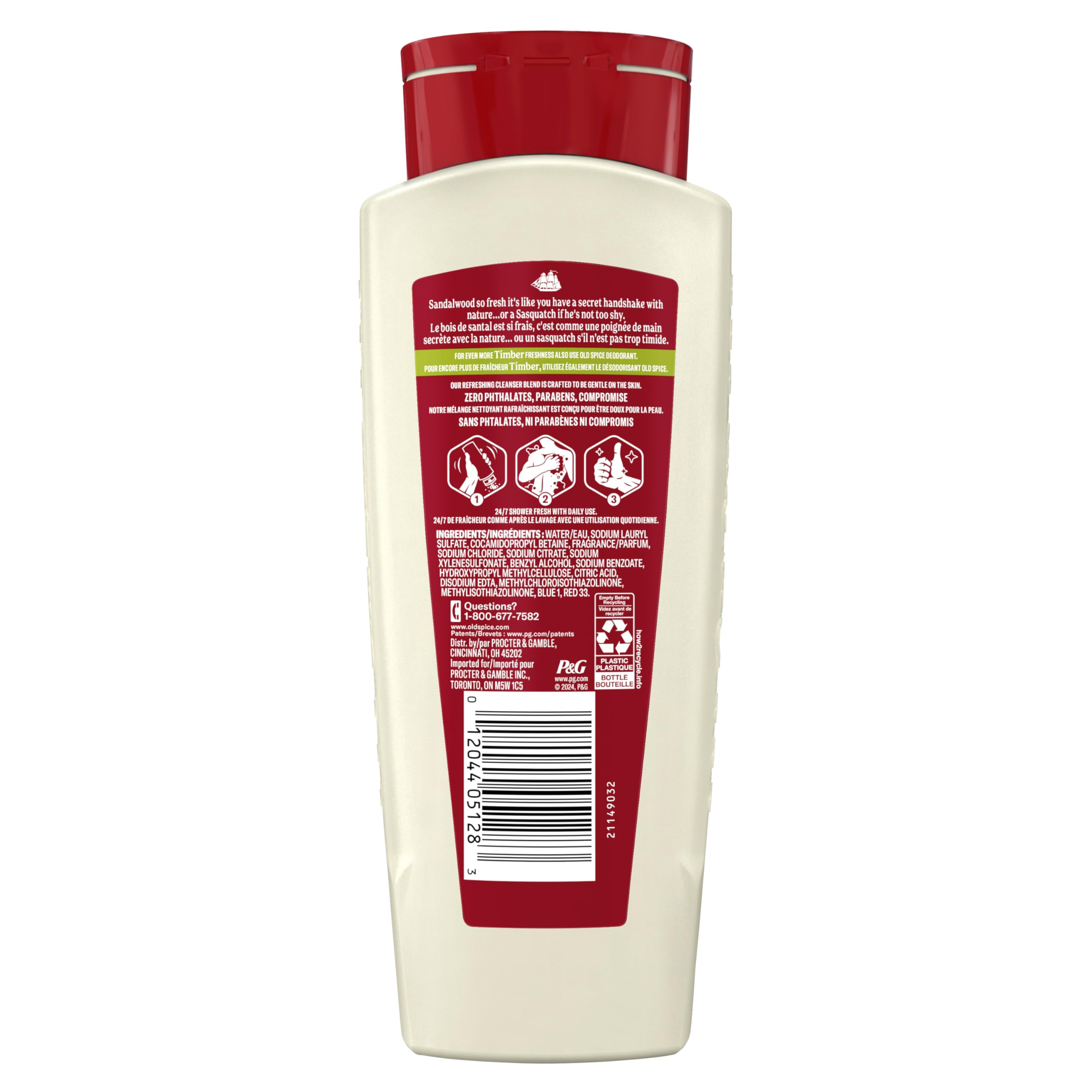 Old Spice Timber sandalwood body wash bottles, 18 oz each, in a pack of four, skin cleansing agent with woody scent.