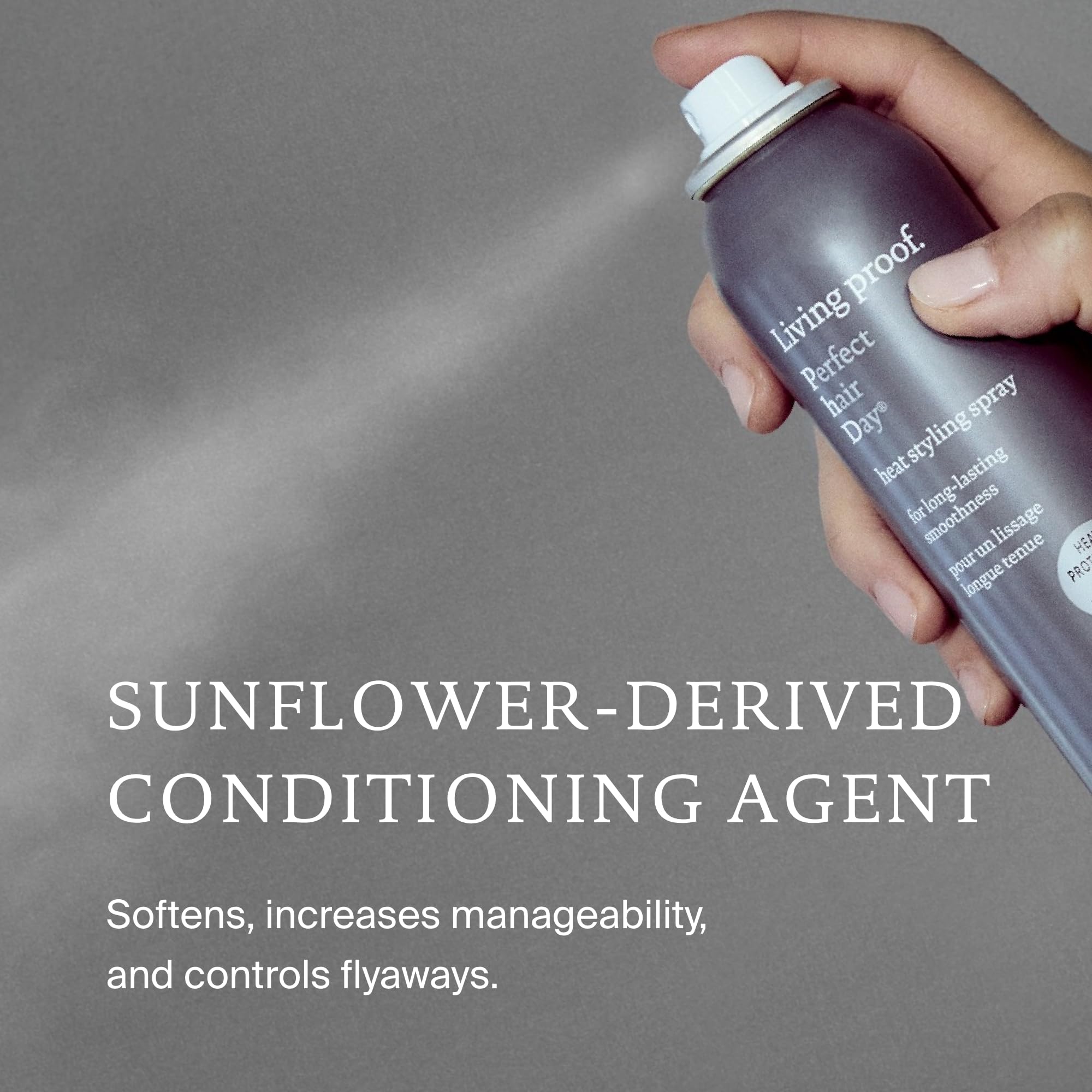 Living Proof Perfect Hair Day Heat Styling Spray in 5.5 oz bottle, designed to protect and style hair effectively.