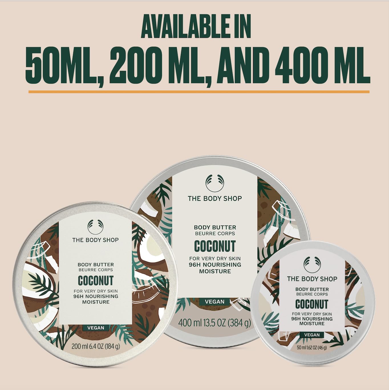 The Body Shop Coconut Body Butter jar showing creamy, rich moisturizer for dry skin, 6.4 oz, with coconut scent and texture.