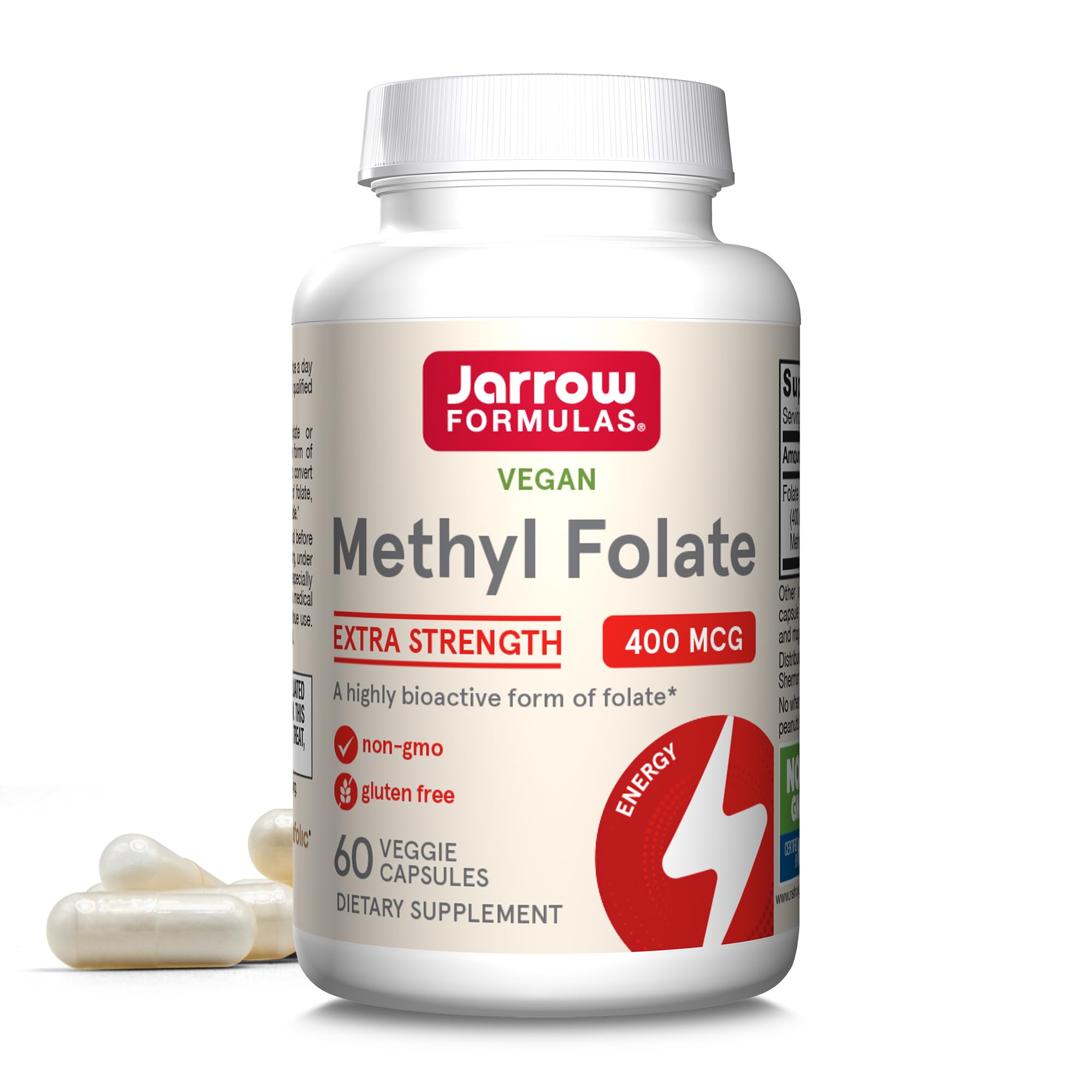 Jarrow Extra Strength Methyl Folate, Folate 400 mcg, 60 Capsules - Product Imagery