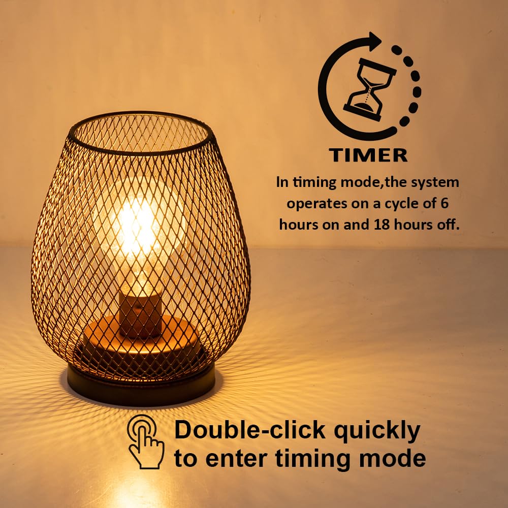 DECORKEY Set of 2 Rechargeable Lamp LED Table Lantern, Brown Metal Cage Cordless Lamps with LED Bulb，Vintage Decorative 