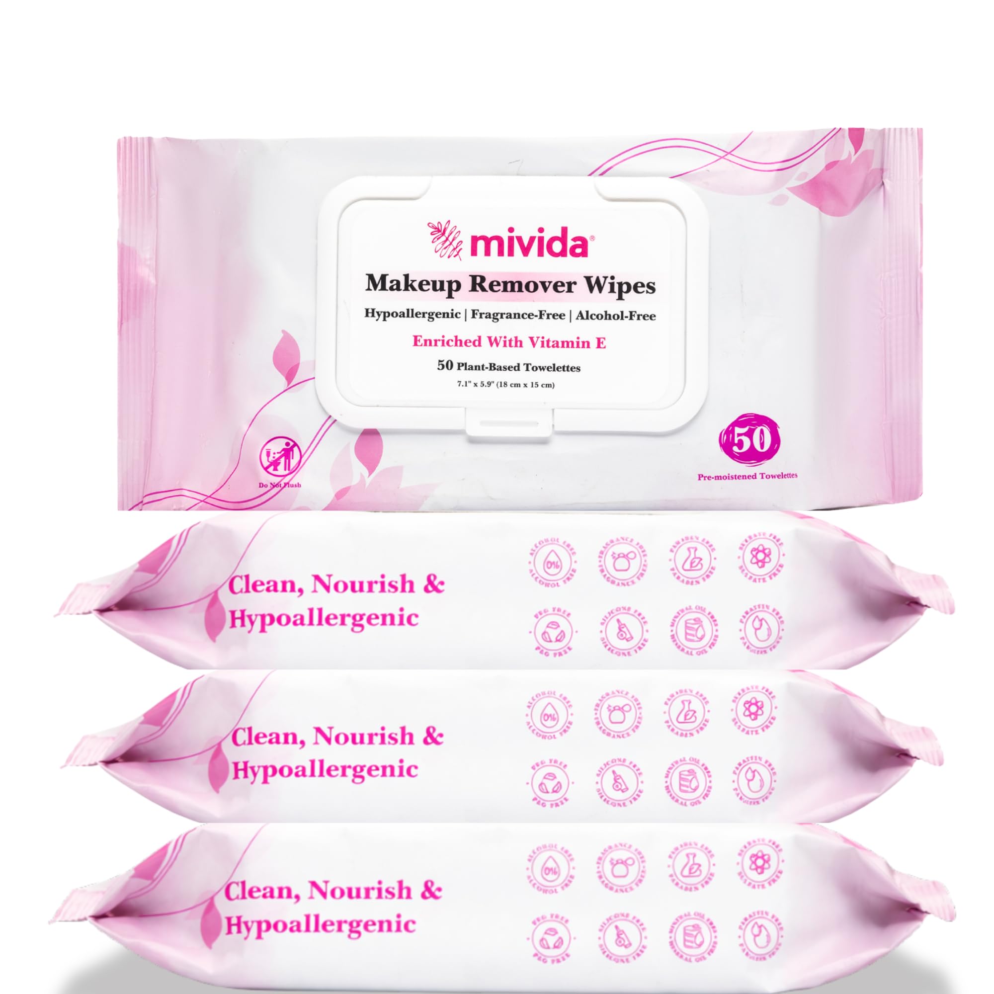 mivida Hypoallergenic Makeup Remover Wipes Bulk With Vitamin E, - Product Imagery