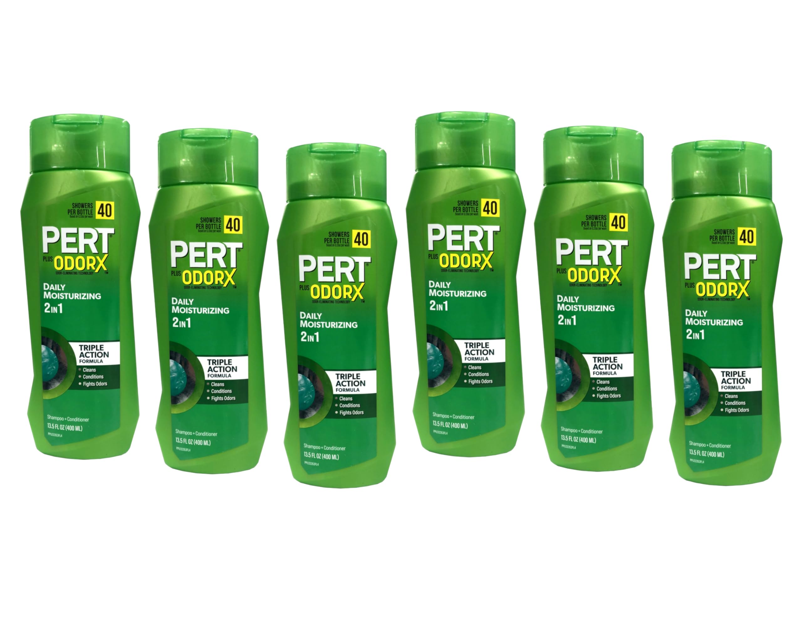 Pert OdorX 2-in-1 Shampoo and Conditioner 13.5 oz bottles, six-pack, for clean and fresh hair care.