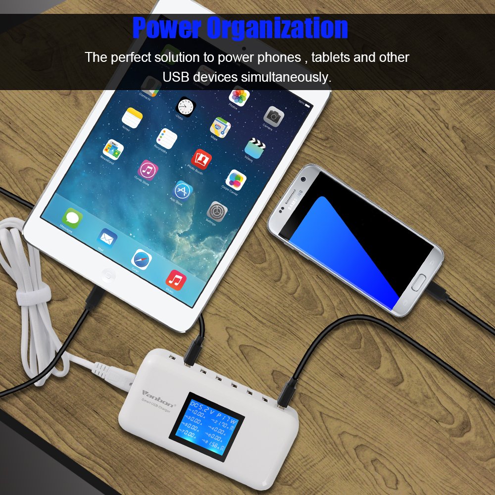 veebon 60W/12A 8-Port Desktop Charging Station Multiple USB, Multi Port Travel Fast Wall Charger Hub with LCD for Smart 