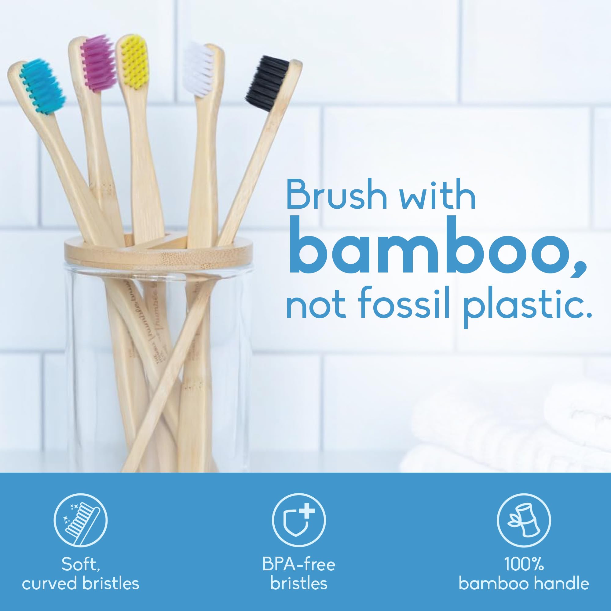 Set of five The Humble Co. bamboo toothbrushes with ultra-soft bristles, BPA-free eco-friendly toothbrushes for gentle oral care.