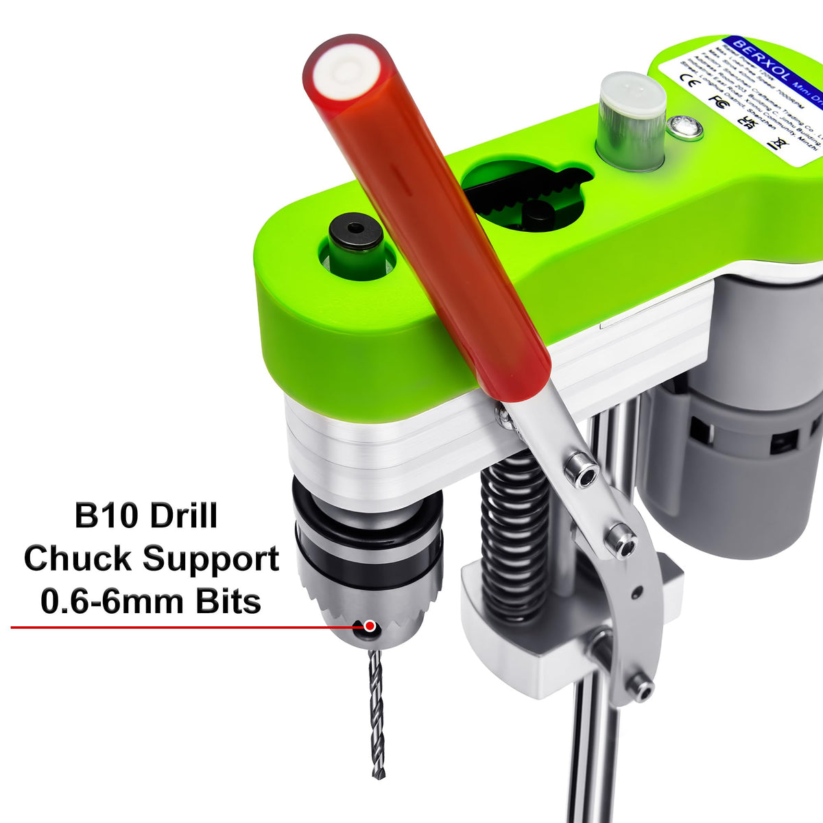 BERXOL Mini Drill Press, Benchtop Portable Electric Drilling Machine, B10 Chuck – back view and specifications