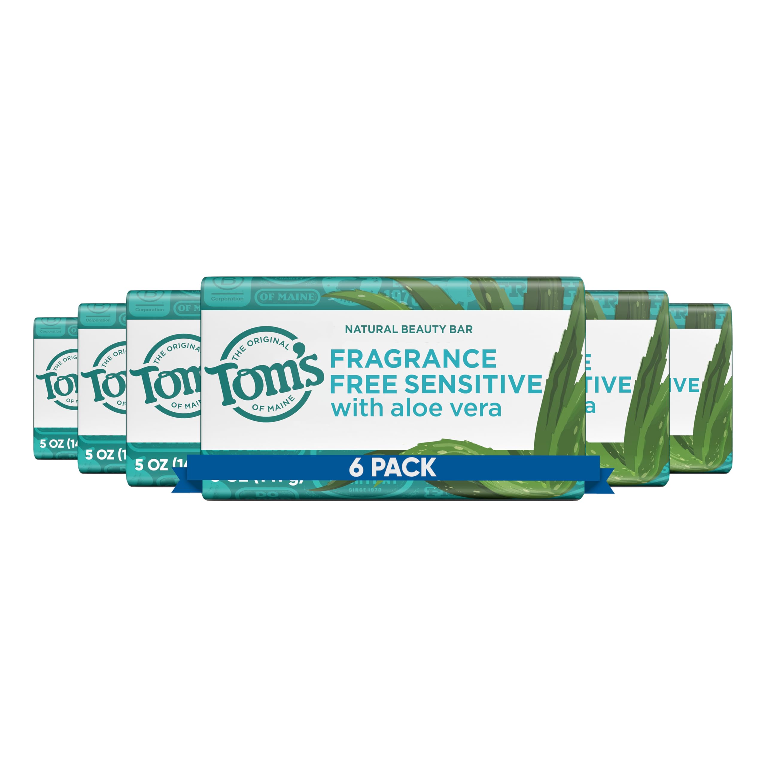 Tom's of Maine Natural Beauty Bar Soap, fragrance-free 5 oz, six-pack, gentle skin cleansing with natural ingredients.