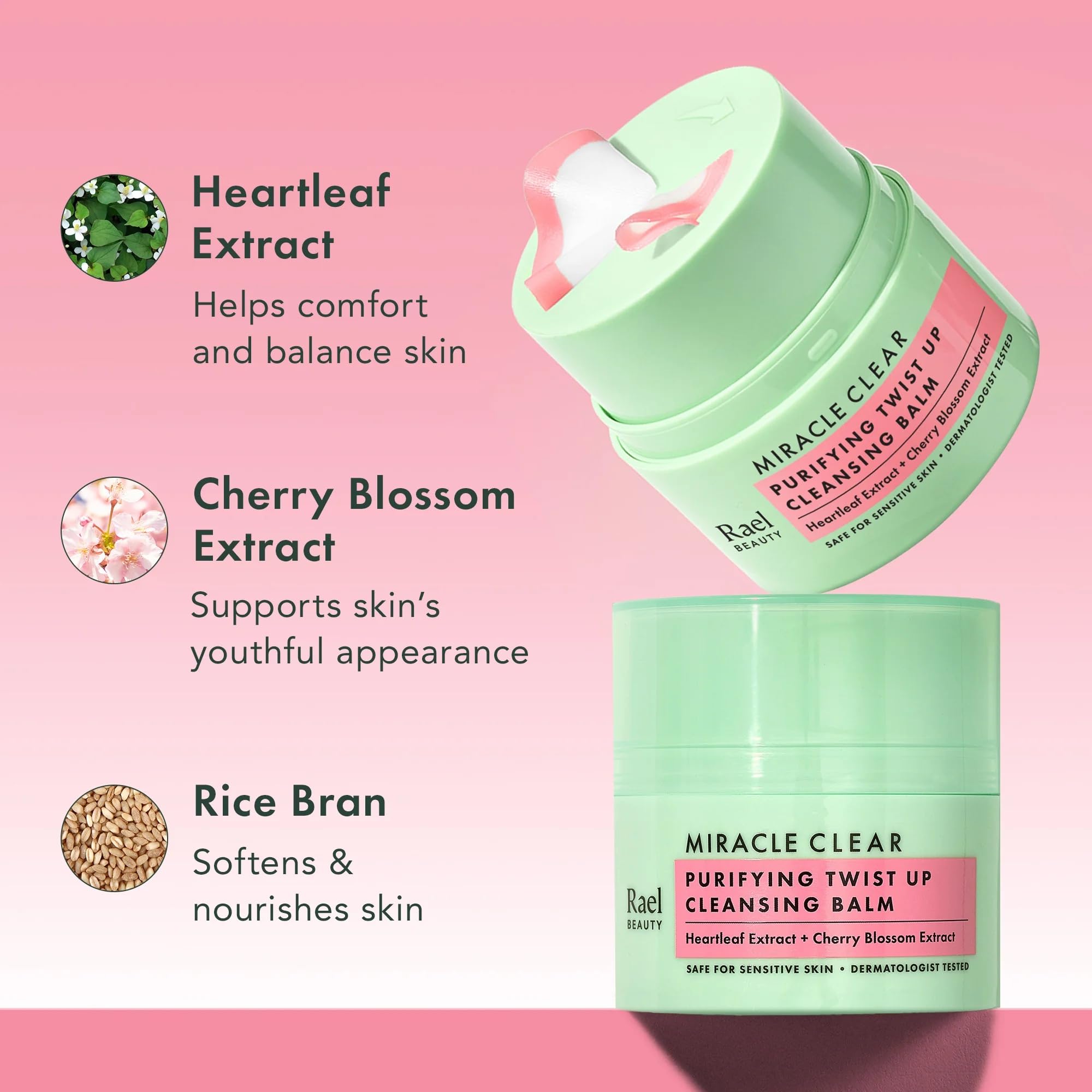 Rael Miracle Clear Facial Cleanser face wash in a 1.69 oz cleansing balm, showing the product container and label.