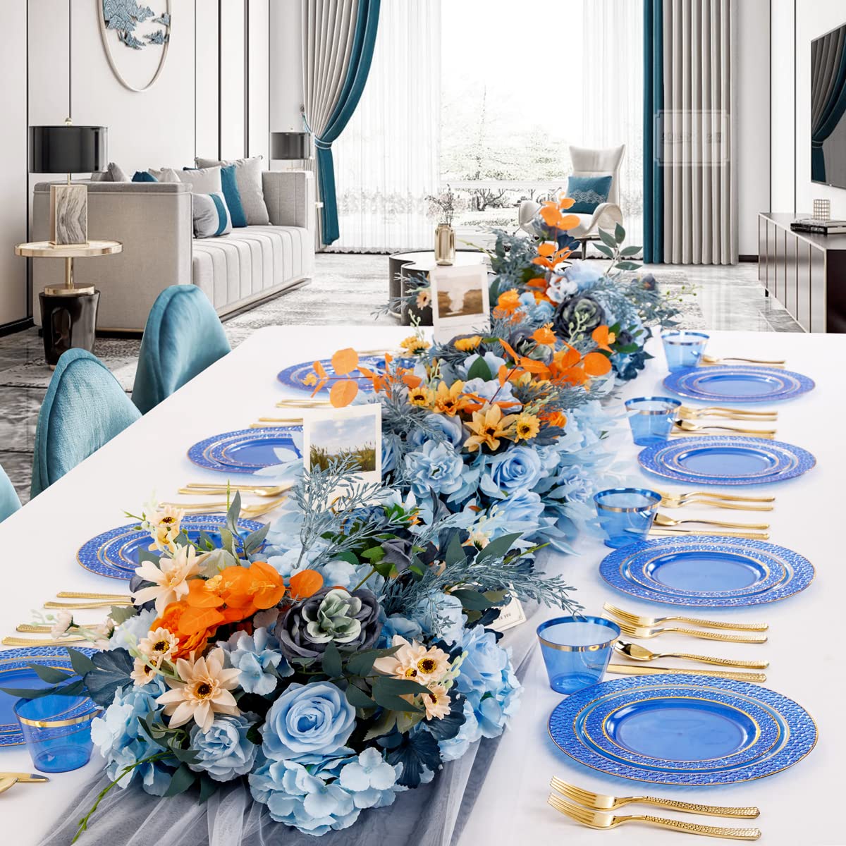 Nervure 150PCS Clear Blue Plastic Plates with Gold Hammered Silverware Set – alternate angle