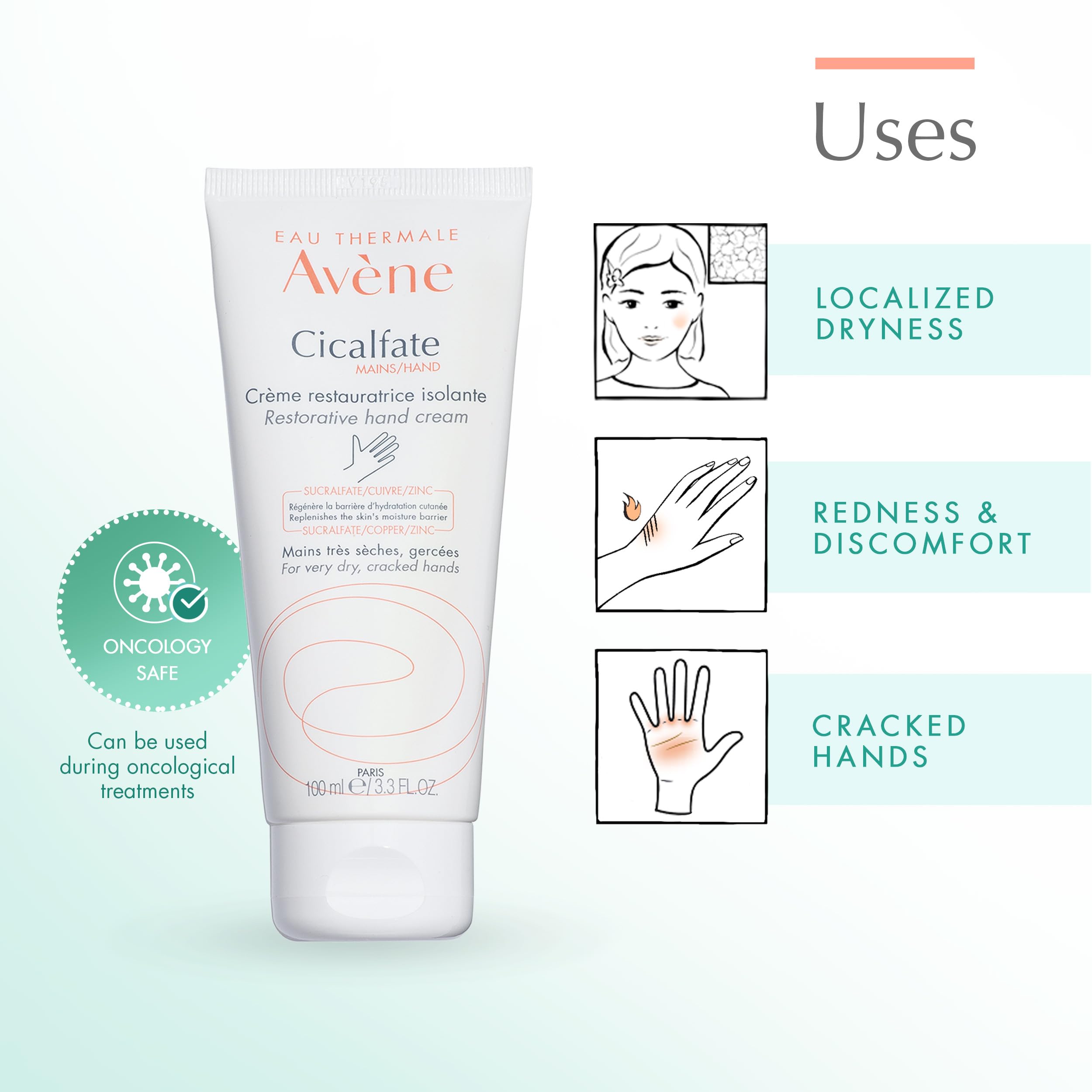 Avène Cicalfate Restorative Hand Cream for dry, cracked skin, 3.3 oz, in a white tube with blue and orange accents.