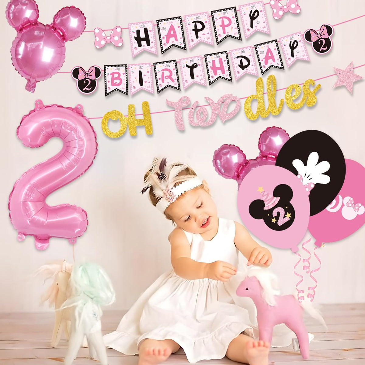 XHCYGWY 108Pcs Pink Mouse Birthday Decorations Tableware Oh Twodles Birthday Party Supplies Include Banner Plates Napkin