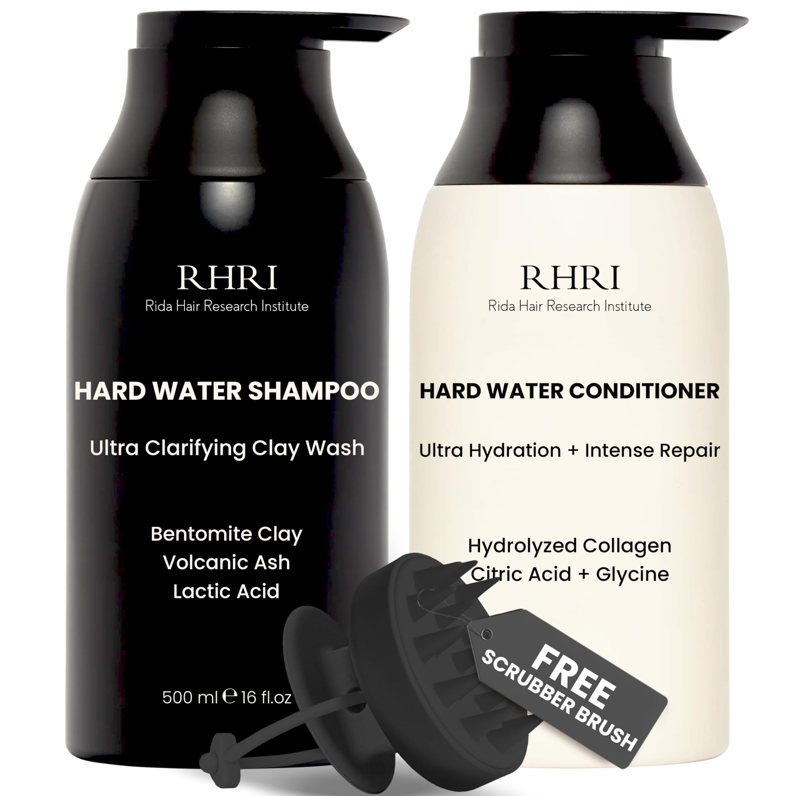 Rida Hair Research Institute RHRI Hard Water Shampoo and Conditioner set with metal detox for clean, healthy hair.