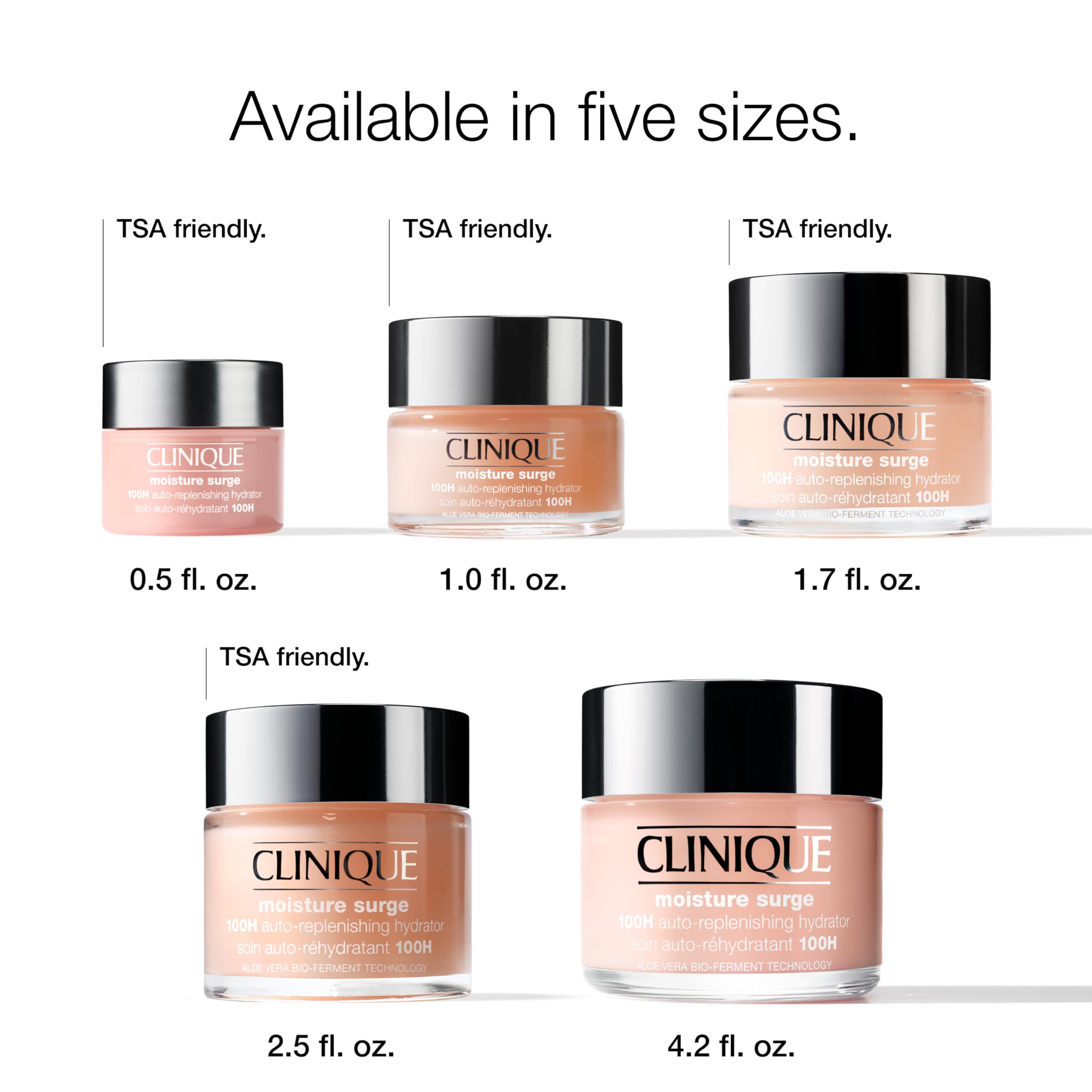 Clinique Moisture Surge 100H hydrating face moisturizer mini size with hyaluronic acid, aloe bioferment, vitamins C and E.