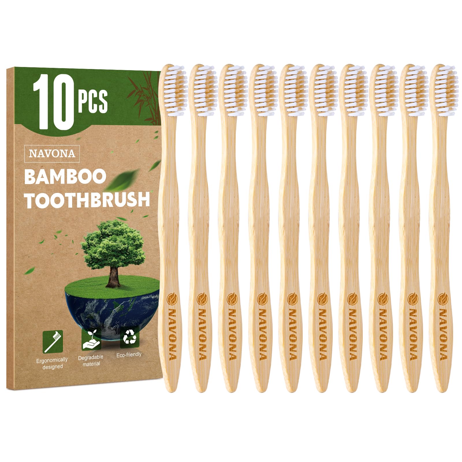10 PCS Bamboo Toothbrushes Pack, Natural & Eco-Friendly Wooden - Product Imagery