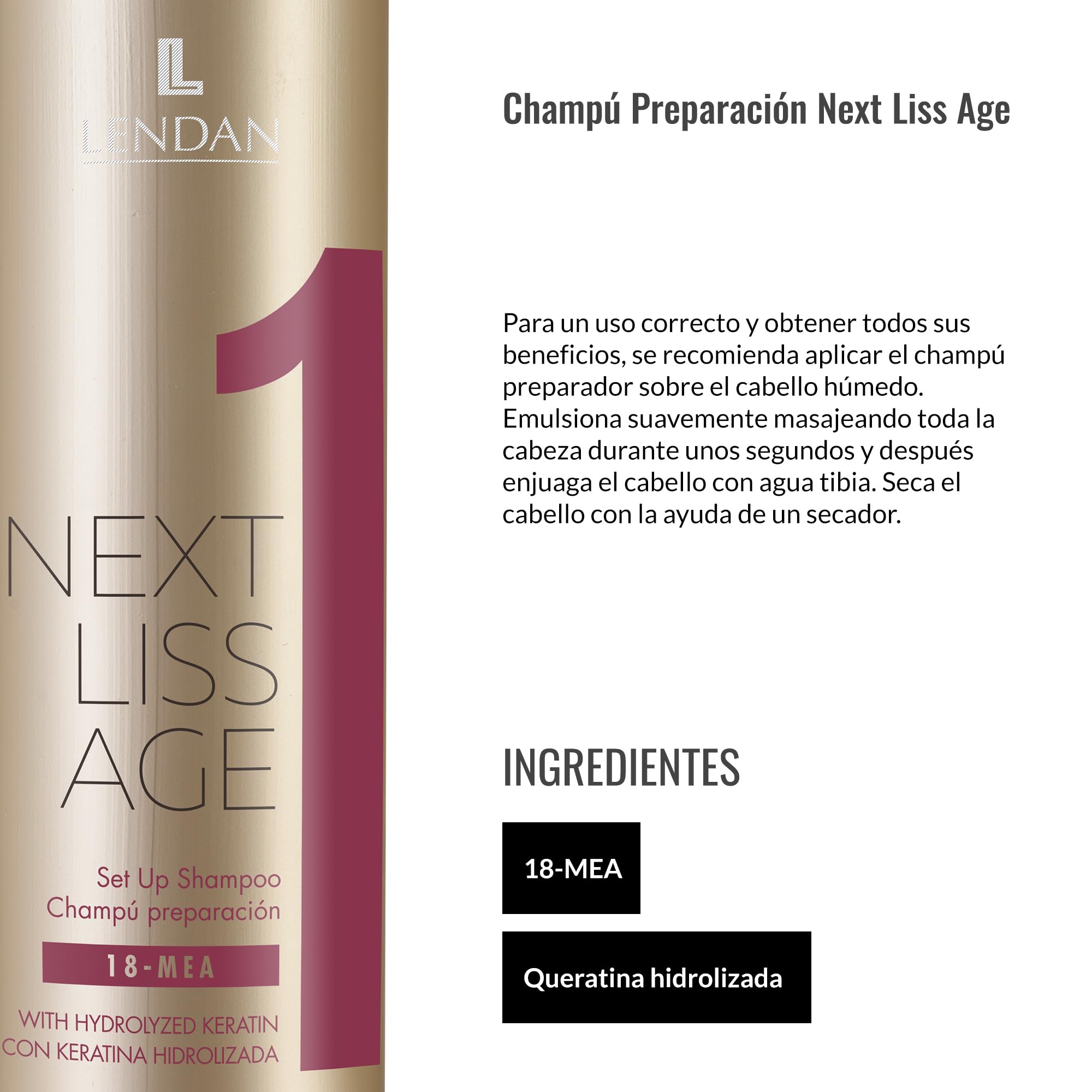 Lendan Next Liss Age sulfate and paraben-free shampoo with hydrolyzed keratin in 300ml bottle, used for pre-straightening hair treatment.