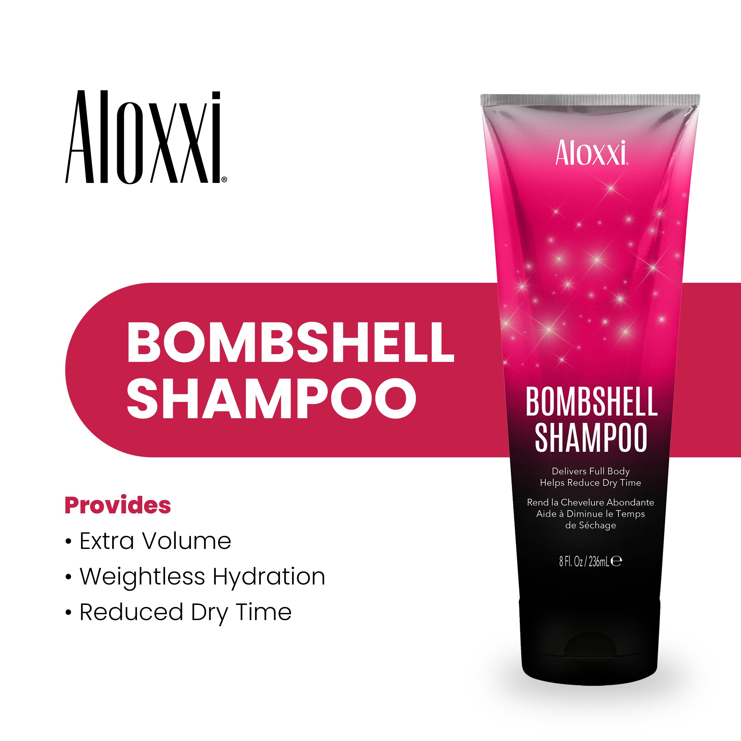 Bottle of ALOXXI Bombshell Shampoo 8 oz for volume and color protection, featuring a sleek design and vibrant label.
