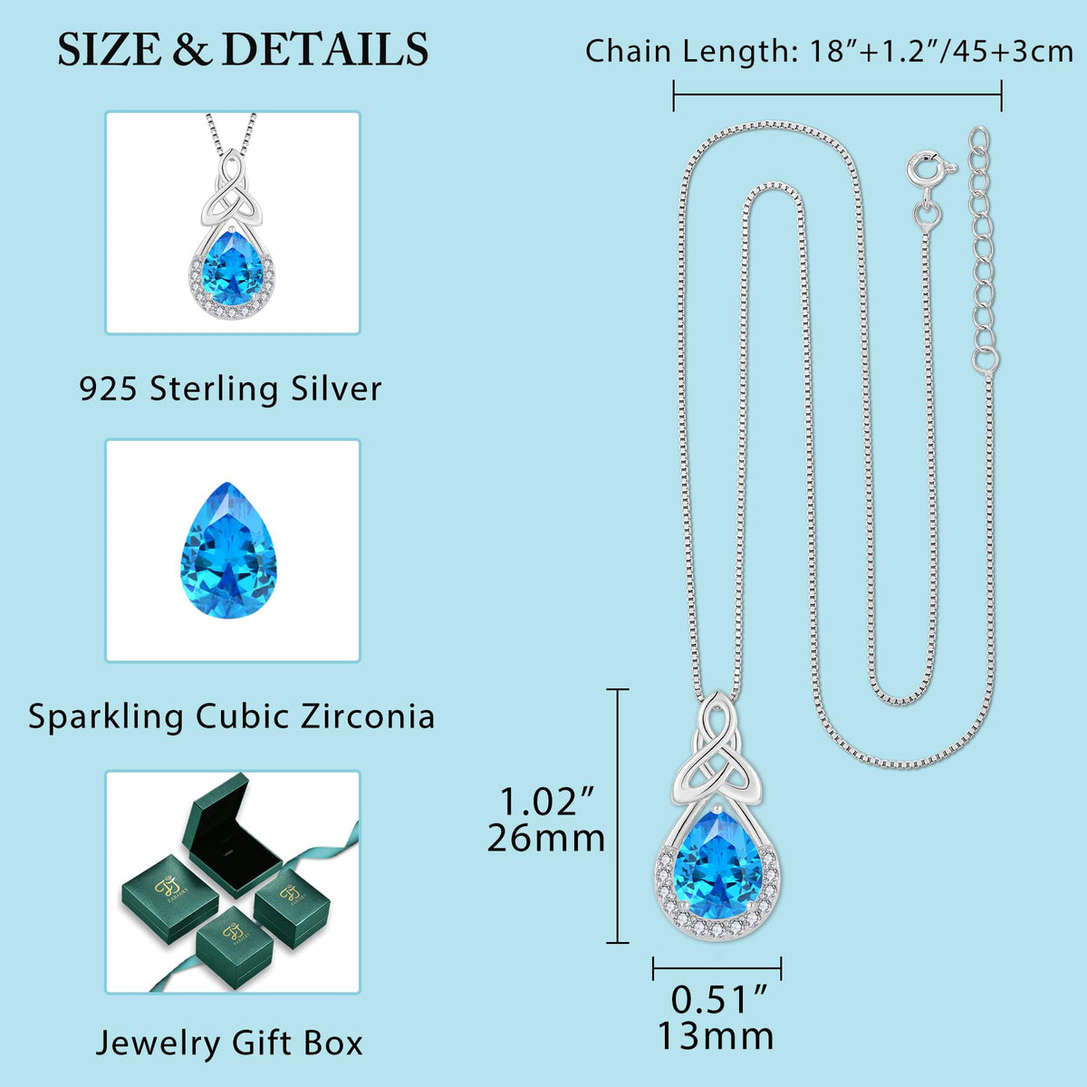 FJ Celtic Knot Pendant Necklace 925 Sterling Silver Birthstone Jewelry – back view and specifications
