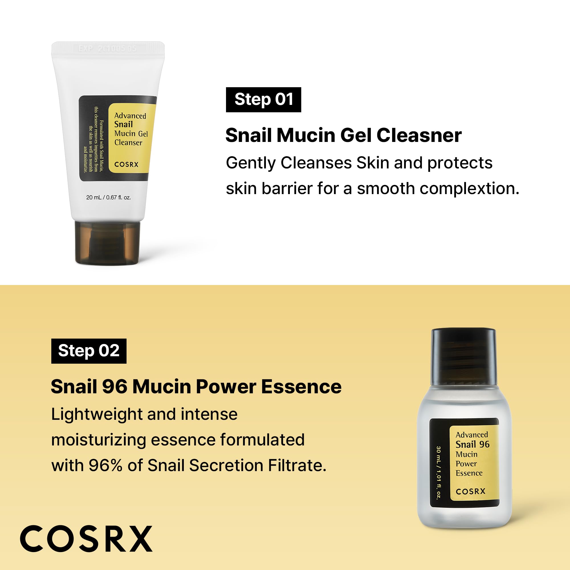 COSRX All About Snail Mucin Korean skincare set with mini travel essentials, featuring bottles of snail mucin skincare products.