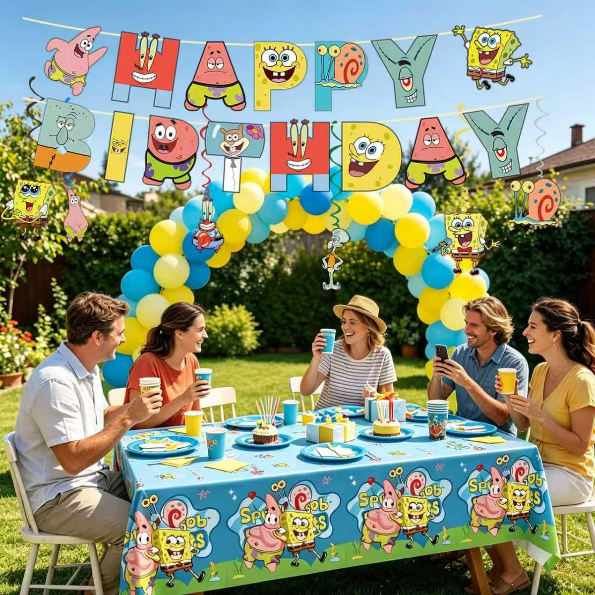 ZyNolimt 118 Pcs SpongeBob Birthday Party Supplies Set, anime Theme: 1Banner, 20Cups, 6Hanging Swirls, 30(Spoons+Forks+K